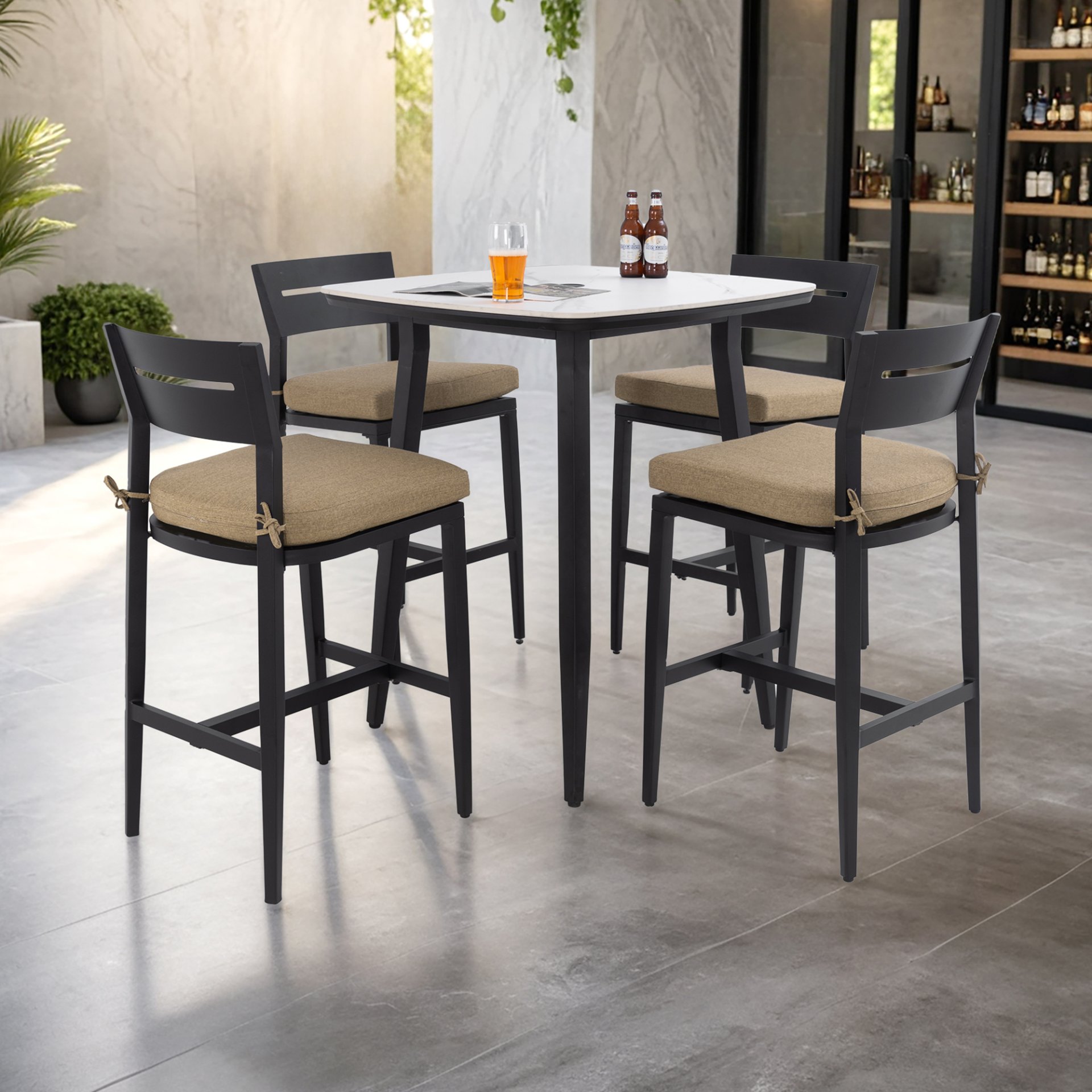 5 Pieces Outdoor Patio Bar Set, Rounded Square Table & 4 Bar Stools - Ember Black / Linen Sesame - Image 2