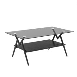 Rectangle Coffee Table With Tempered Glass Top And Black MDF Shelf, Modern Table For Living Room - Gray