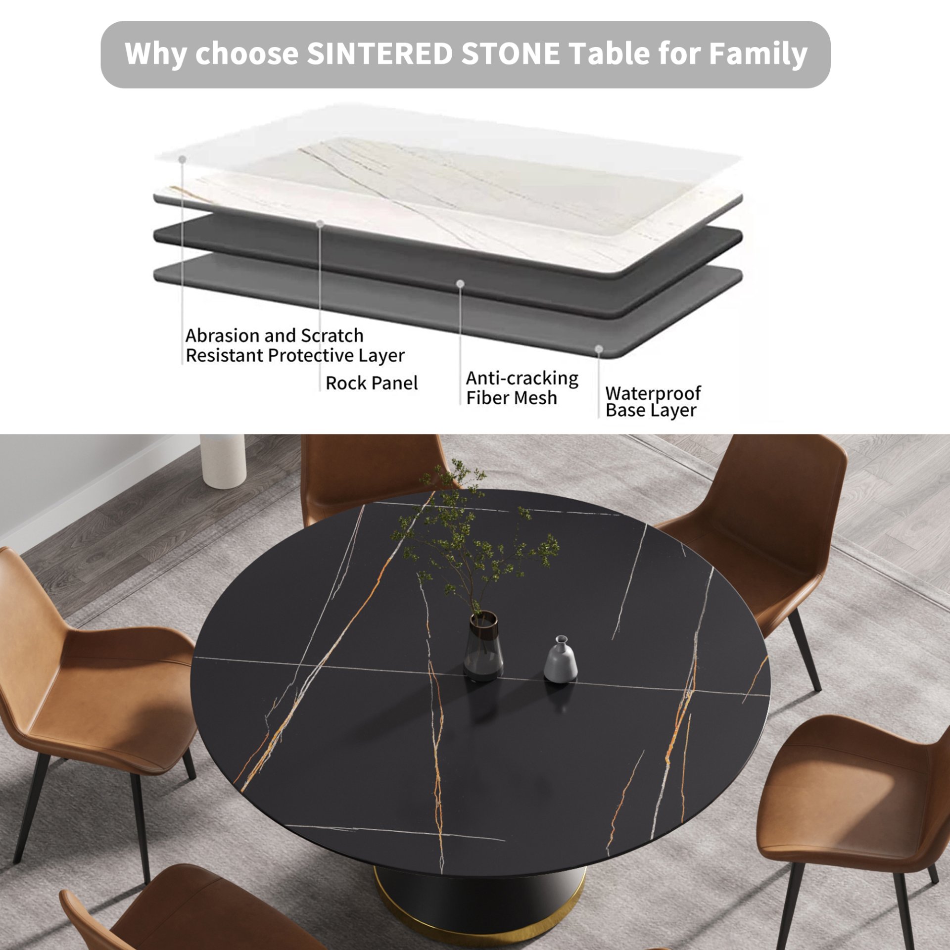 59.05" Modern Artificial Stone Round Black Carbon Steel Base Dining Table, Can Accommodate 6 People - Black - Image 7