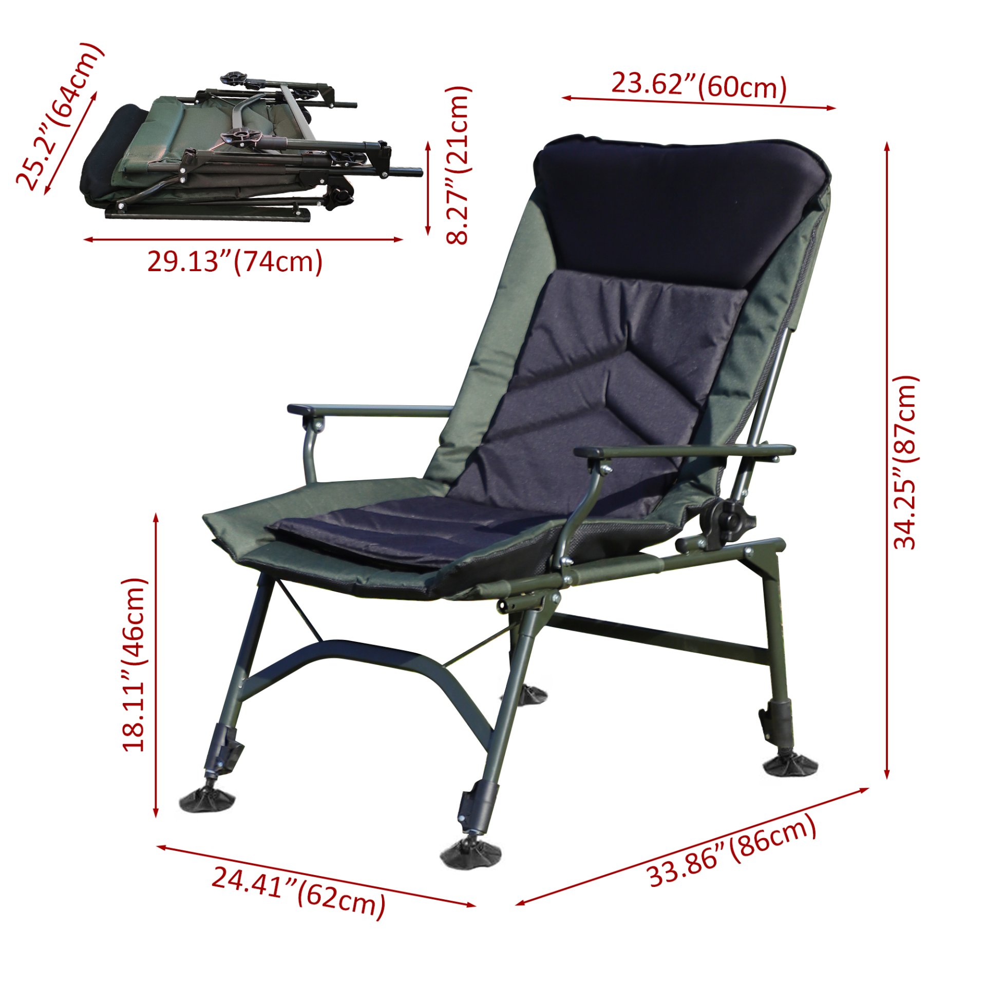 Camping Lounge Chair, Portable Folding Reclining Camping With Adjustable Backrest For Indoor And Outdoor Camping Beach Hiking Fishing - Green / Black - Image 3
