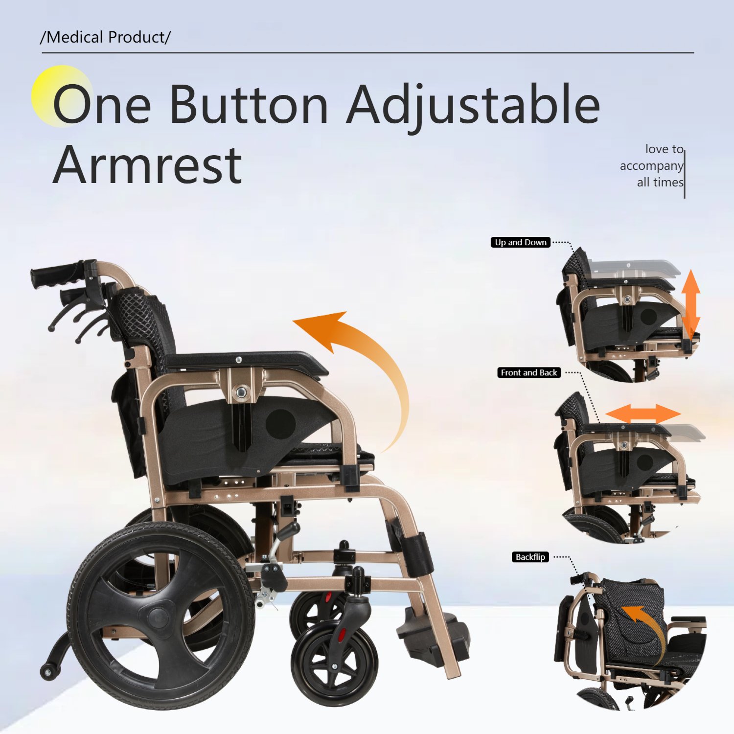 Lightweight Foldable Transport Wheelchair Square Tube Design With Double Brakes Adjustable Armrest & Breathable Seat Cushion Ideal For Disabled & Post Surgery Recovery - Black / Gold - Image 5
