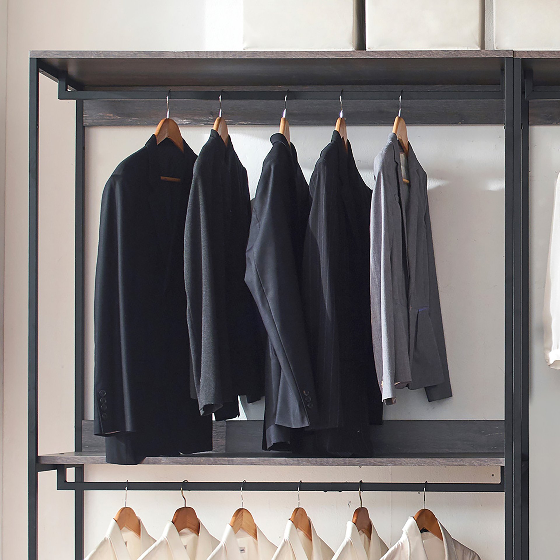 Monica - Wood Walk In Closet System, Powder Coated Metal Frame And Melamine - Rustic - Image 11