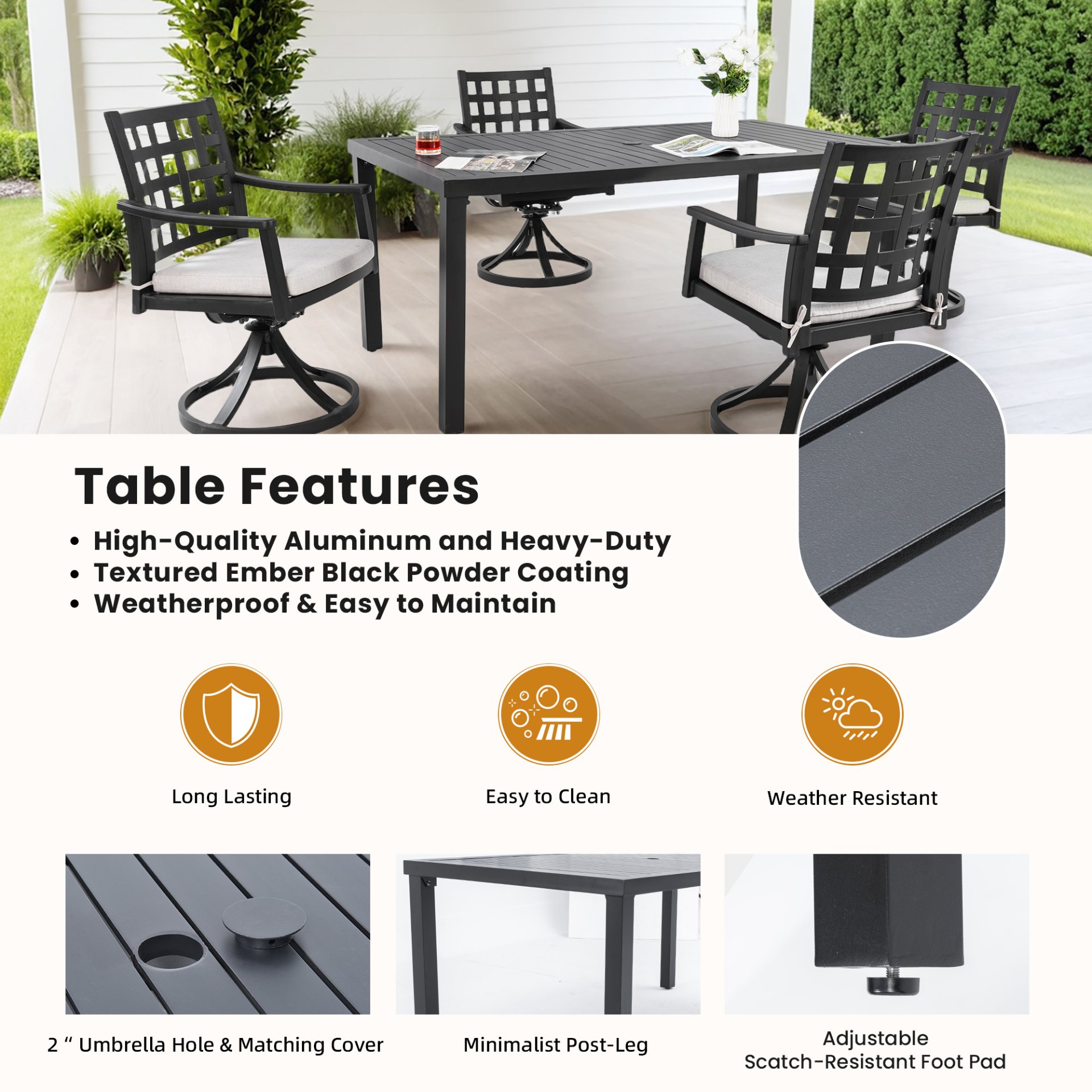 5 Pieces Outdoor Patio Dining Set, Rectangular Table & 4 Swivel Rock Dining Chairs With Sunbrella Cushion - Ember Black - Image 7