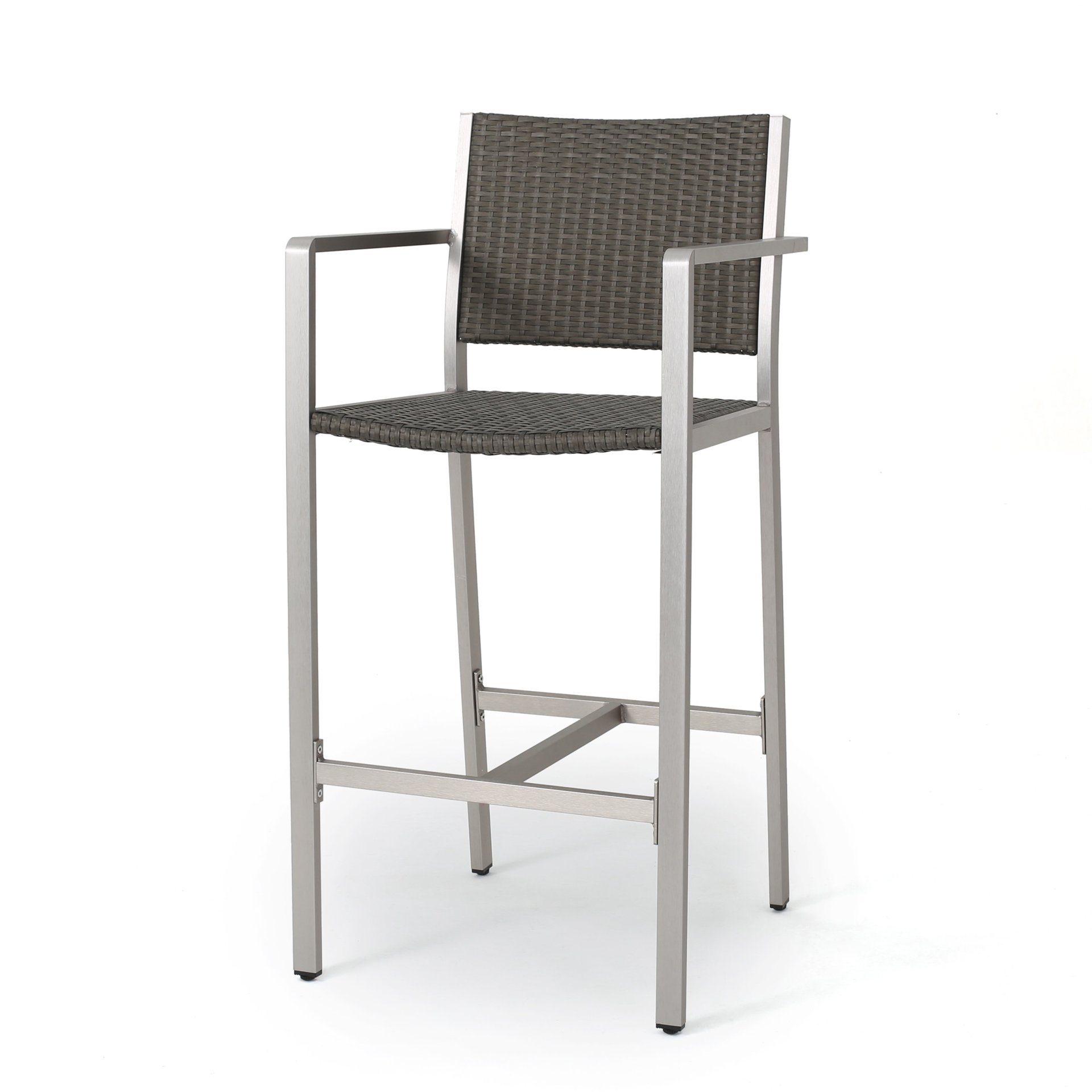 Outdoor Rust Proof Aluminum Barstools With Rattan Seat And Backrest - Silver / Gray - Image 9