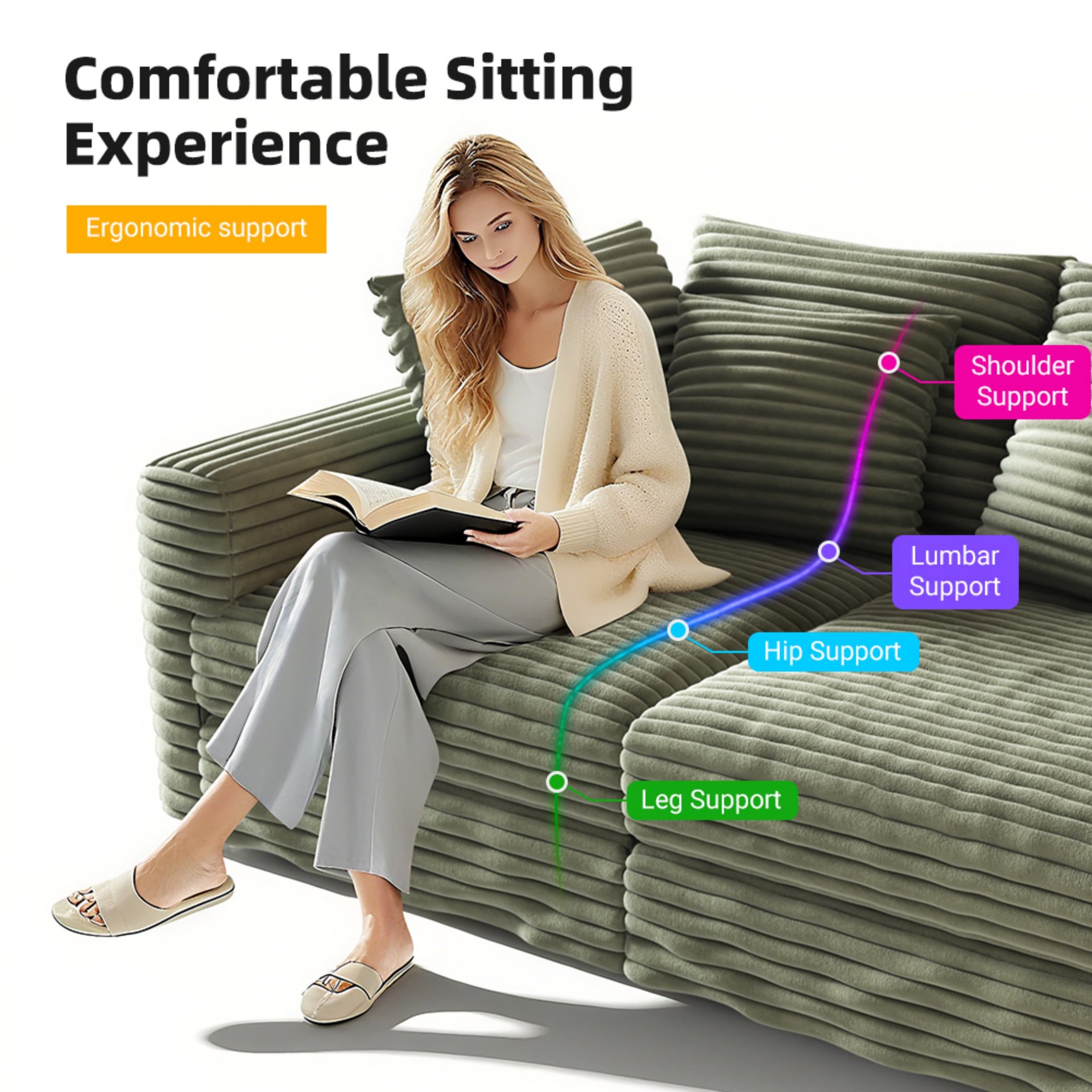 3 Seat Sofa, Convertible Deep Seat Sofa Lounge Chair For Living Room - Green - Image 4