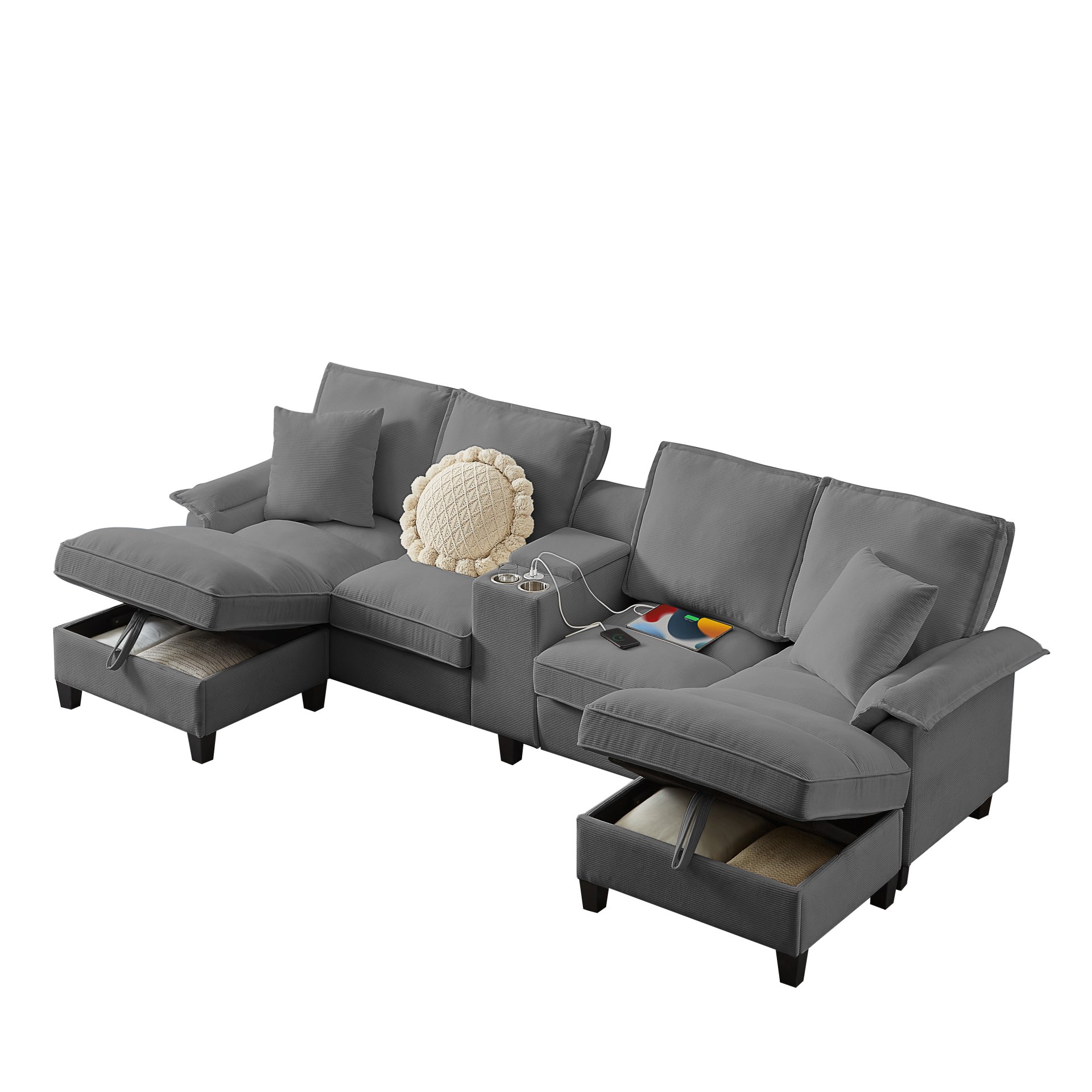 U Shaped Sectional Sofa Bed With Storage, 4 Seater, Features Cup Holders And Soft Foam Cushions - Gray - Image 14