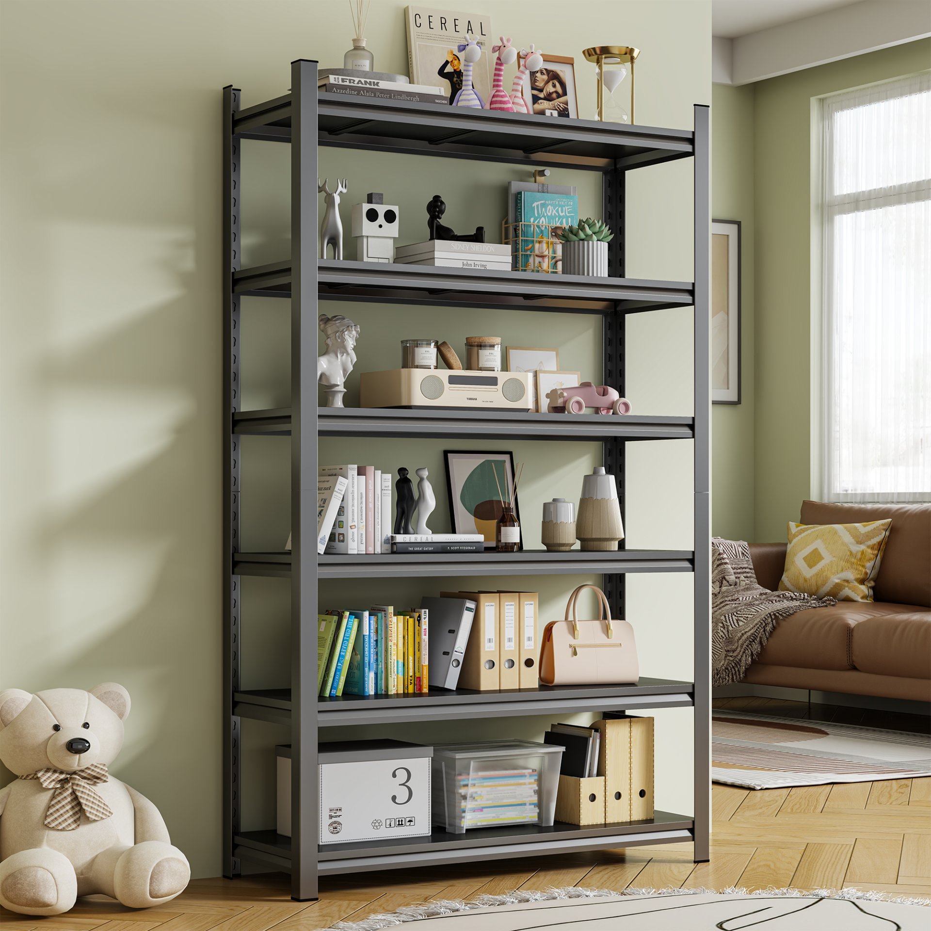Garage Storage Rack, 6 Story Shelves, Adjustable Partition Storage Unit, Supermarket, Home, Basement Storage Rack - Black - Image 7