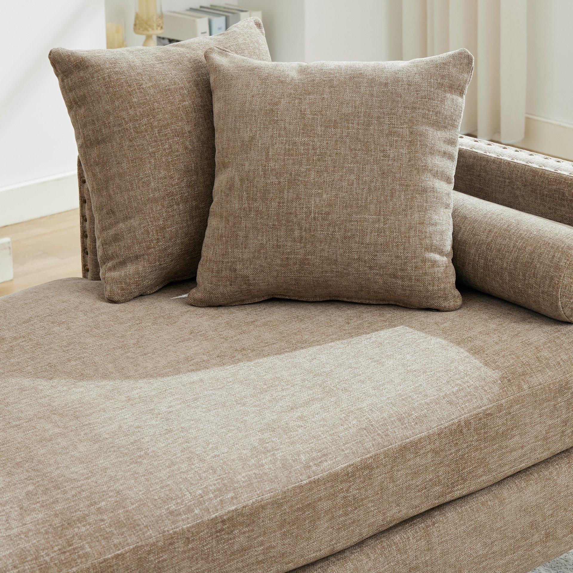 Upholstered Chaise Lounge Indoor With Nailheads, Sleeper Sofa Couch With 4 Throw Pillows & 2 Bolsters, Daybed With Rubberwood Legs - Taupe - Image 15