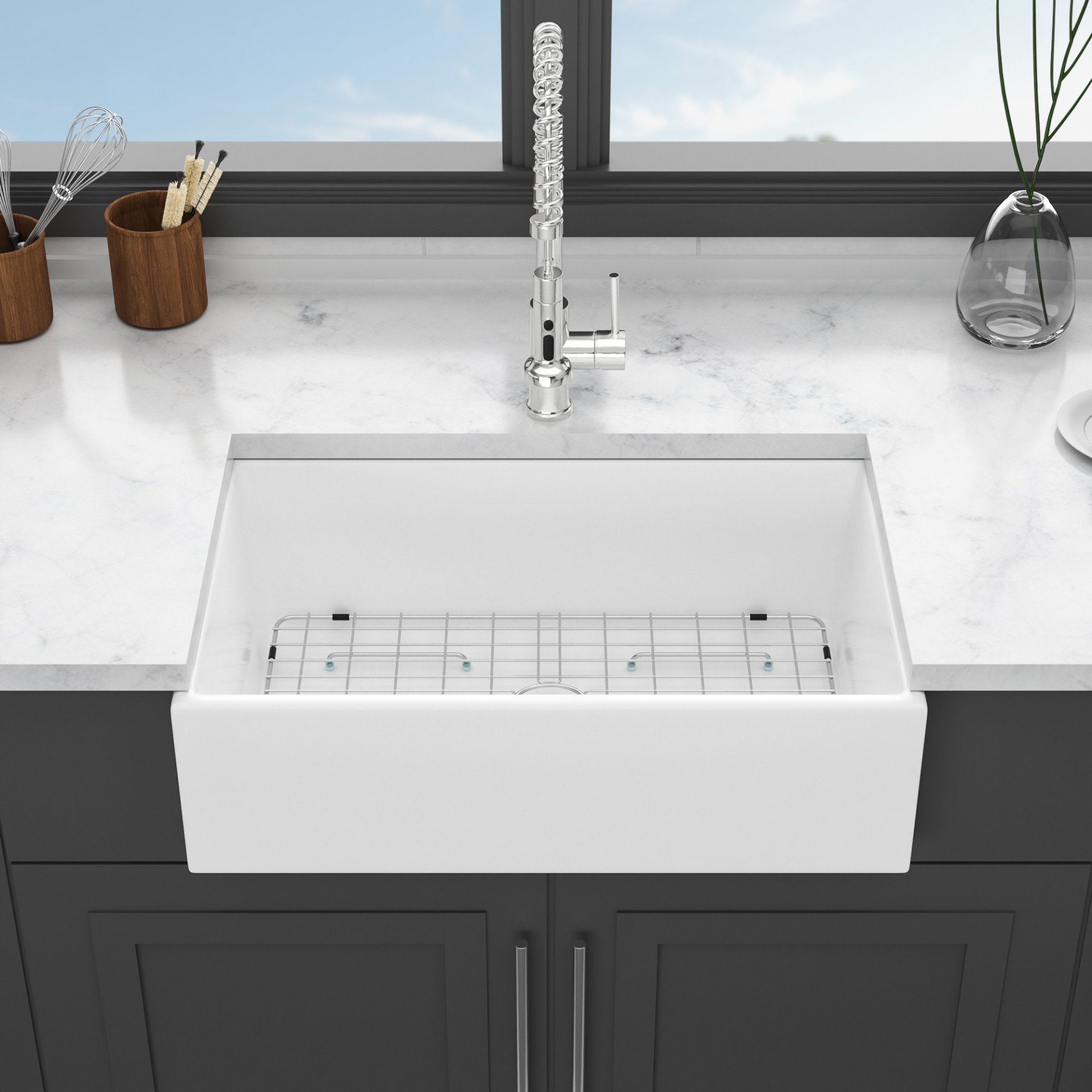 33" Undermount Sink With Apron Front, Single Bowl, Grid - White - Image 2