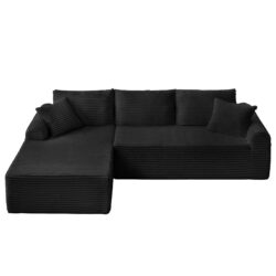Full Compression Chaise Lounge Set Modular Corduroy Sectional With Arched Armrests Non Slip Base Includes 3 Back Cushions & 2 Throw Pillows - Black