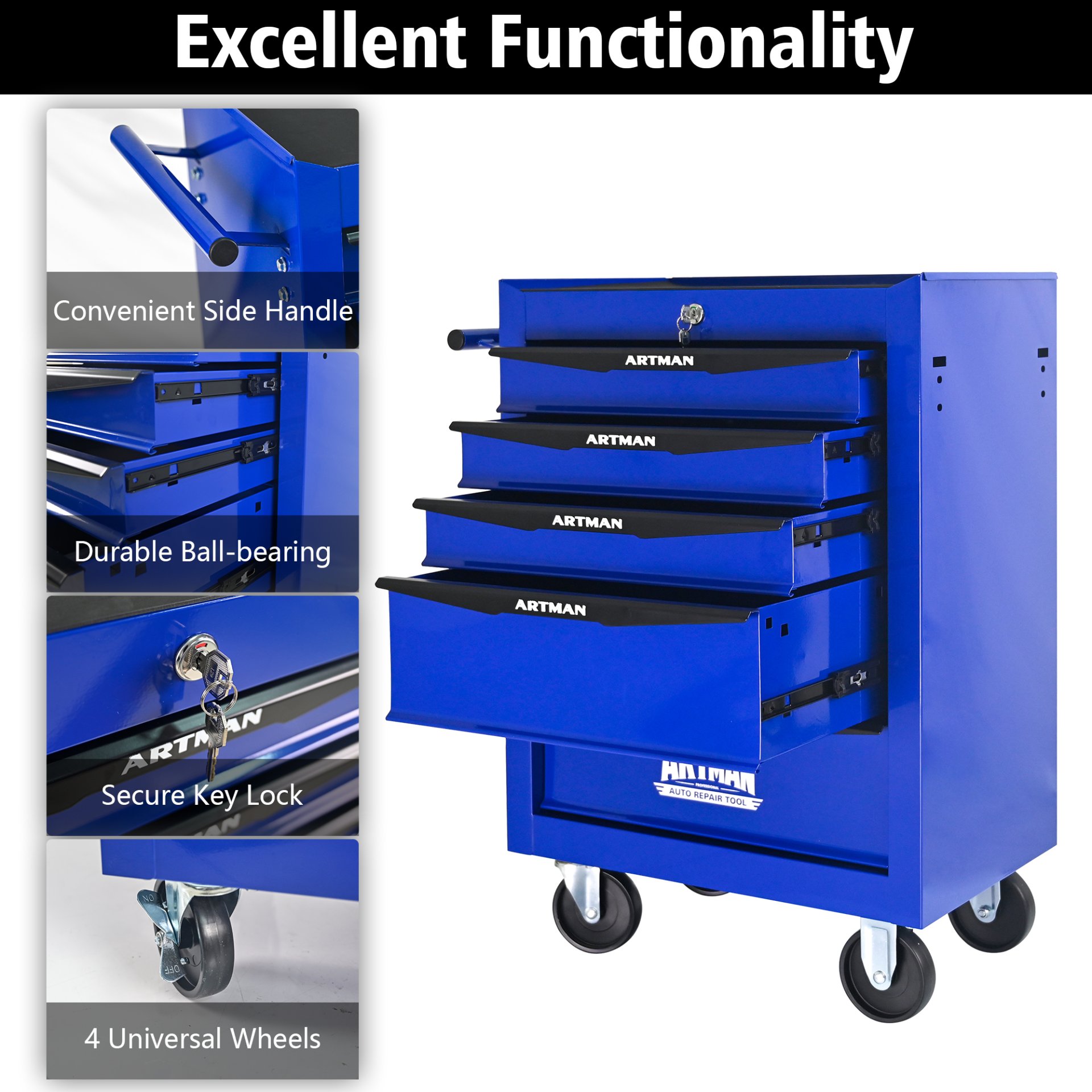 Rolling Metal Tool Chest With 5 Drawers, 20" Steel Storage Cabinet With Ball Bearing Slides - Black / Blue - Image 6