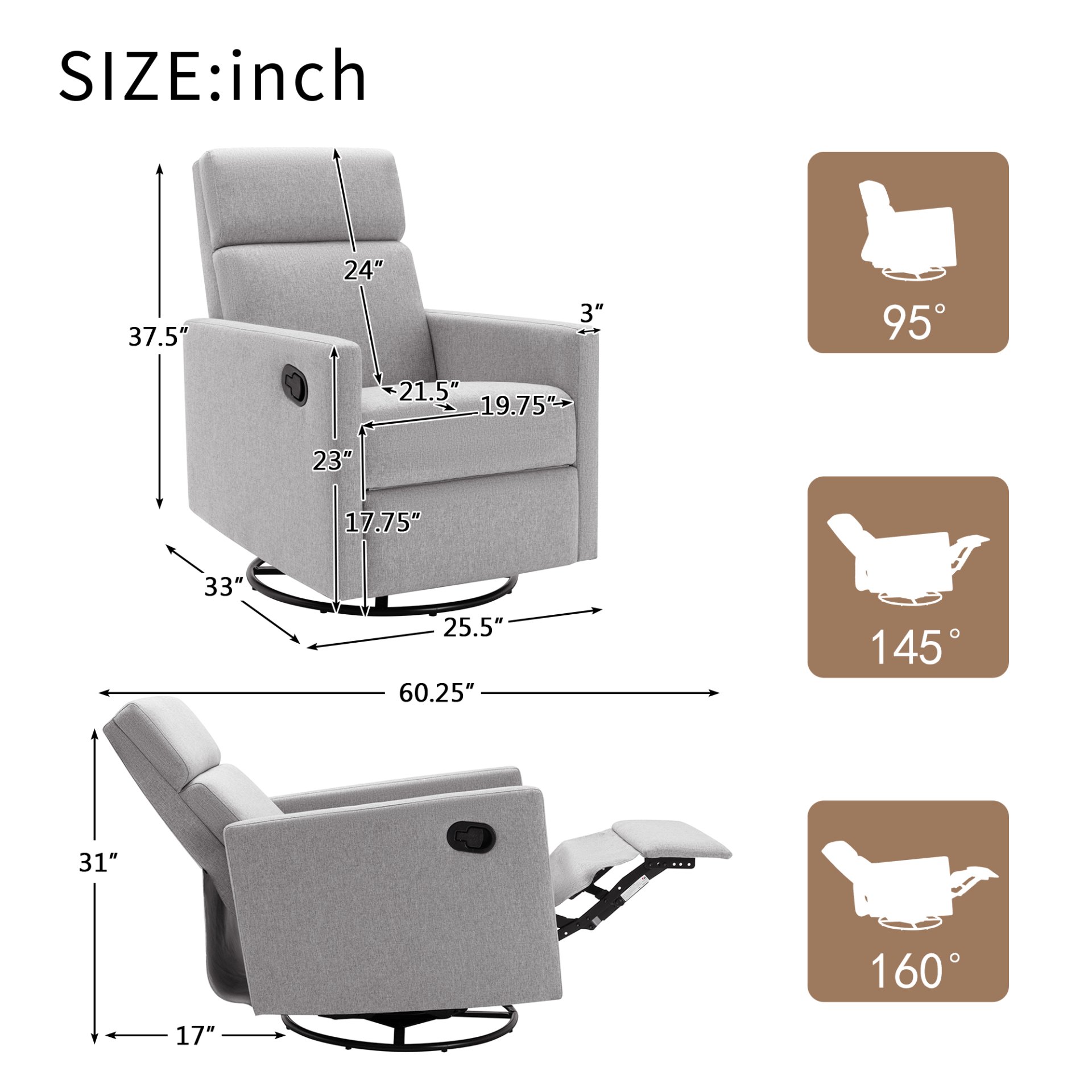 Modern Upholstered Rocker Nursery Chair Plush Seating Glider Swivel Recliner Chair - Gray - Image 3