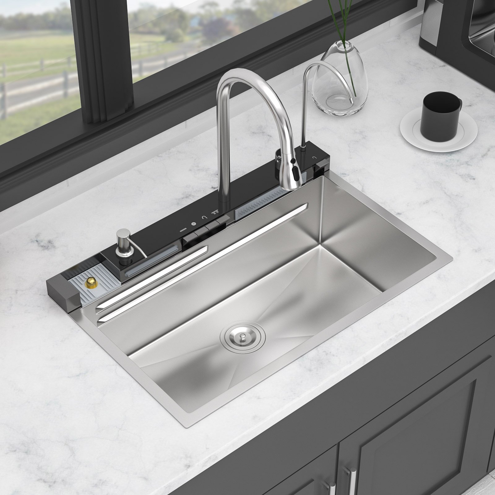 Kitchen Waterfall Sink Single Bowl With LED Faucet, Ledge Workstation, And Multi Function Pull Out Spray - Brushed Nickel - Image 5