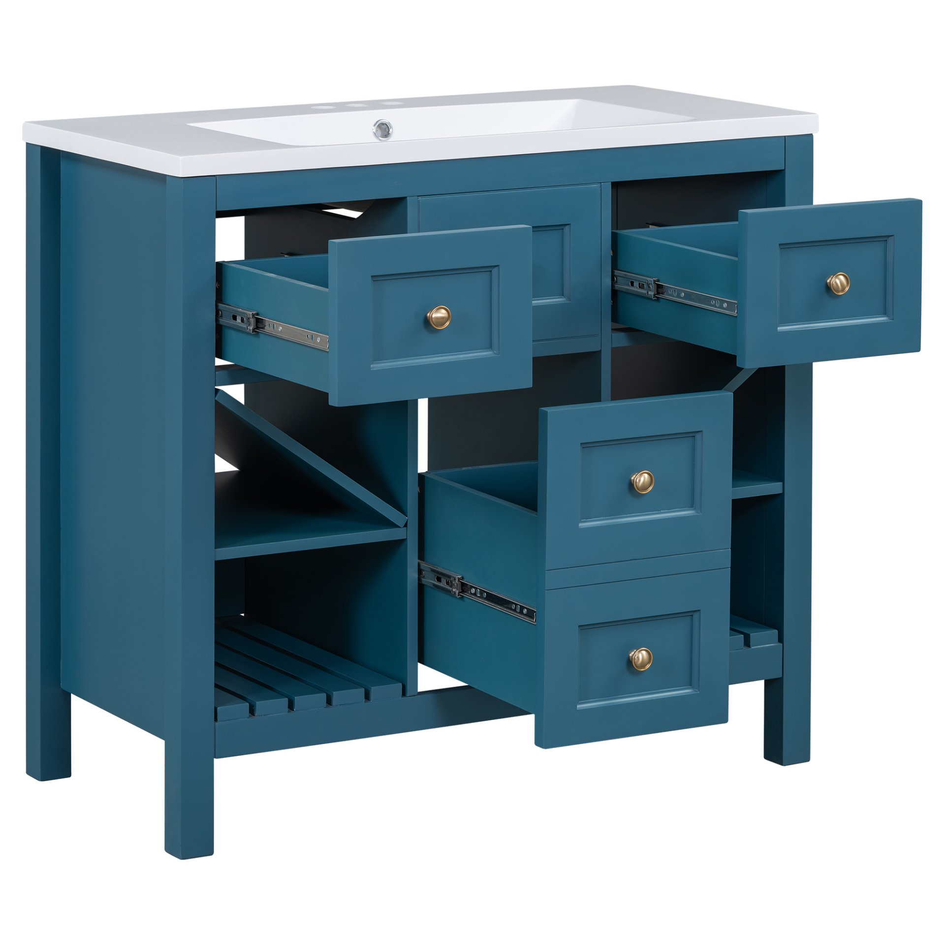 Bathroom Vanity With Resin Sink Combo, Frame Bathroom Storage Cabinet, Freestanding Vanity Set, 5 Drawers & Soft Closing Doors - Blue - Image 9