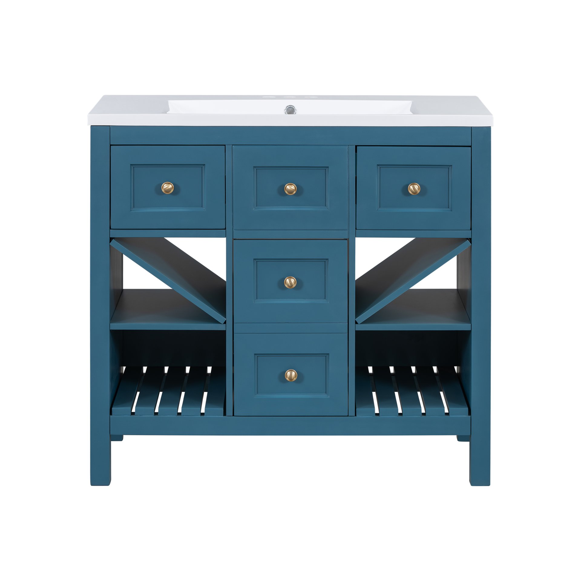 Bathroom Vanity With Resin Sink Combo, Frame Bathroom Storage Cabinet, Freestanding Vanity Set, 5 Drawers & Soft Closing Doors - Blue - Image 10