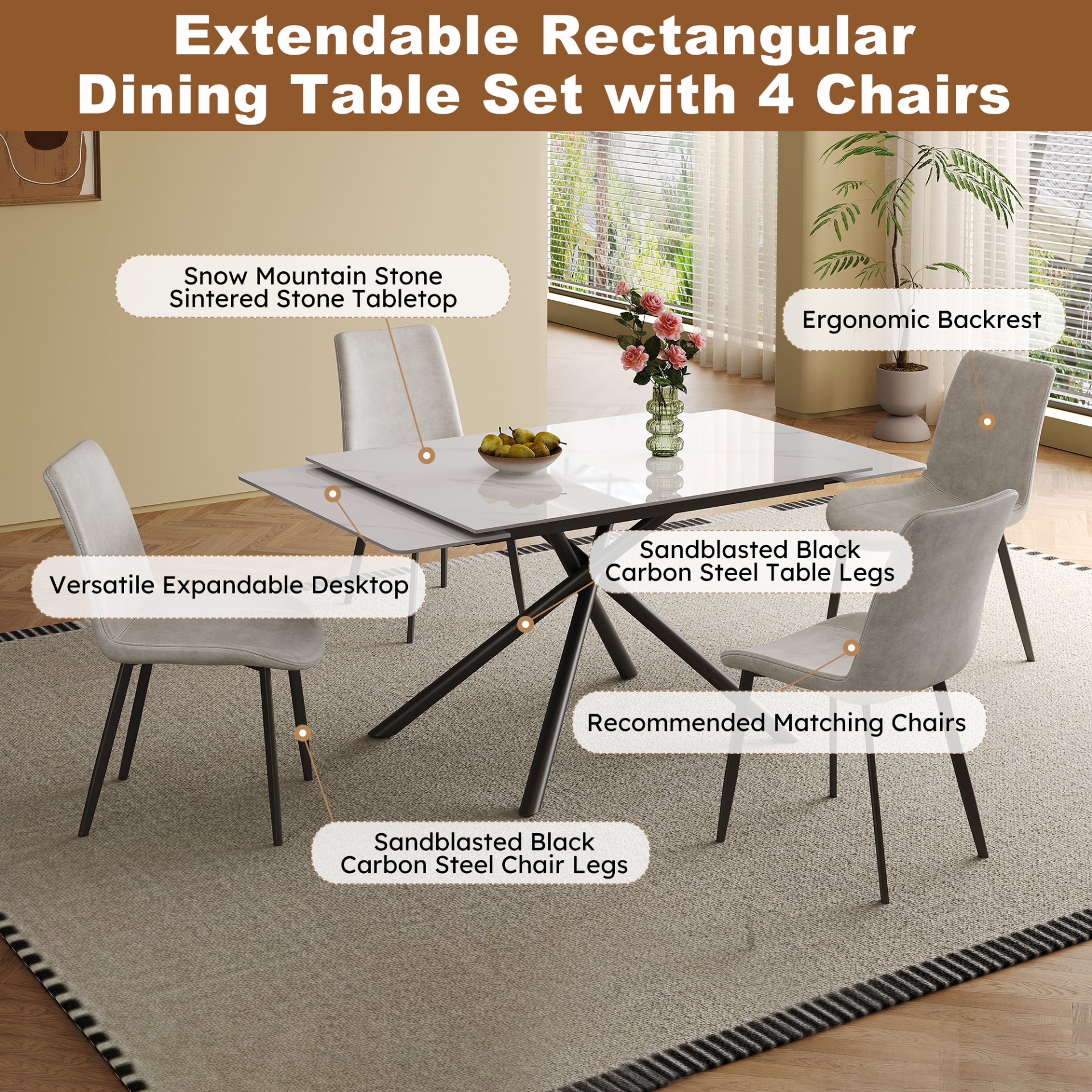 Retractable Dining Table Set With Carbon Steel Legs, Rectangular, Table And 4 Chairs - White - Image 7