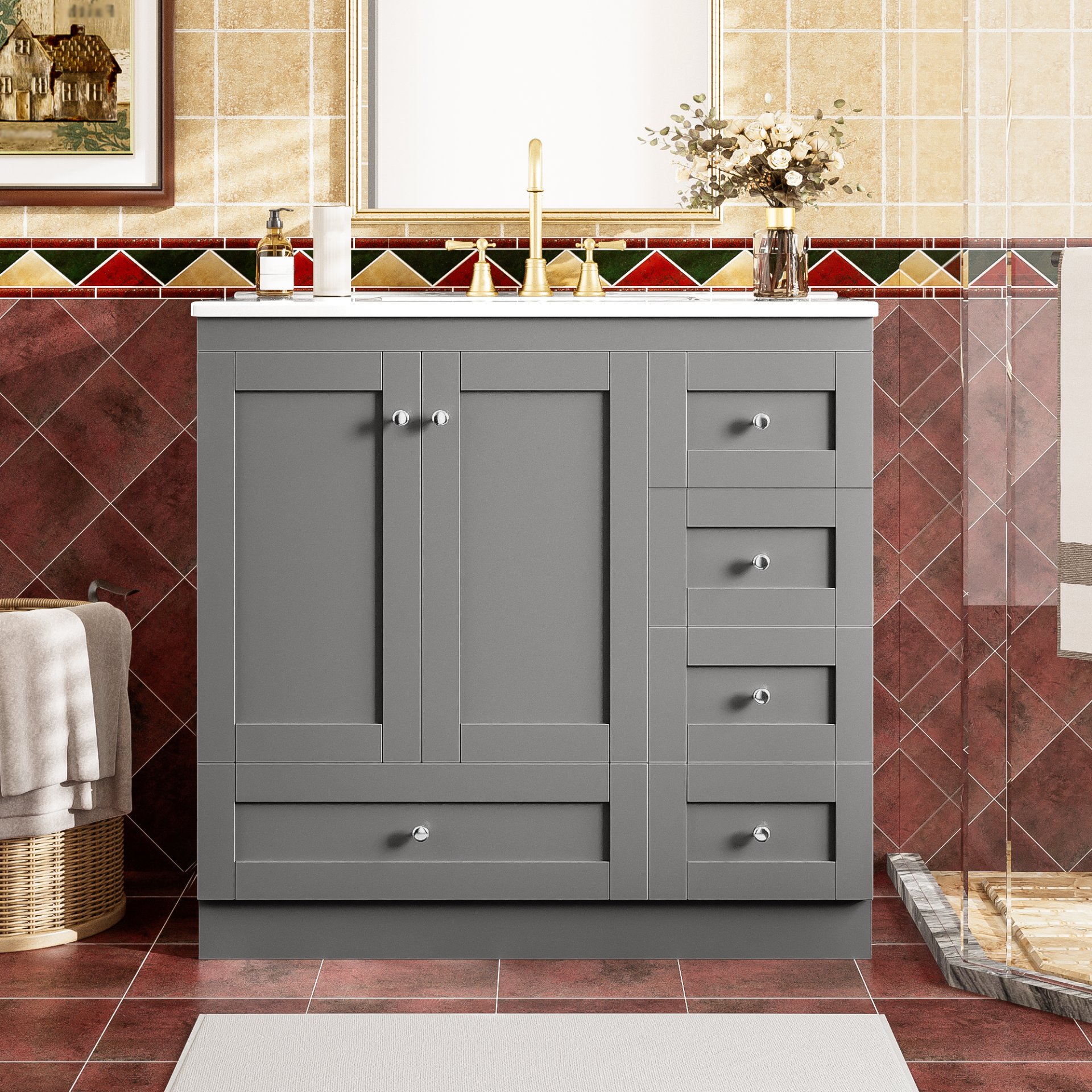 36" Shaker Free Standing Bathroom Vanity Cabinet With Sink, Soft Close Drawers, Soft Close Doors - Gray - Image 4