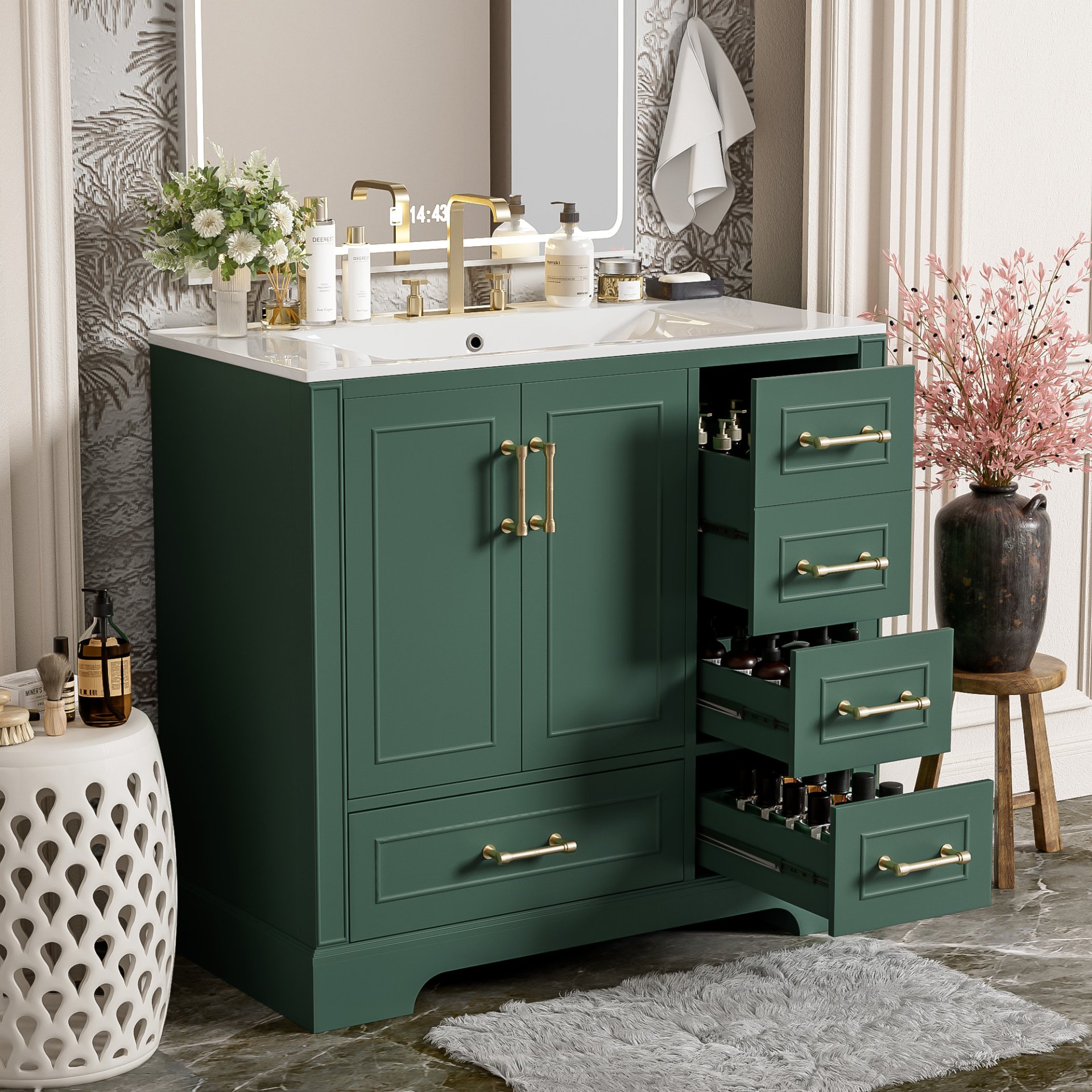 Traditional Bathroom Vanity With Sink, Soft Close Doors & Drawers, 36" - Green - Image 6