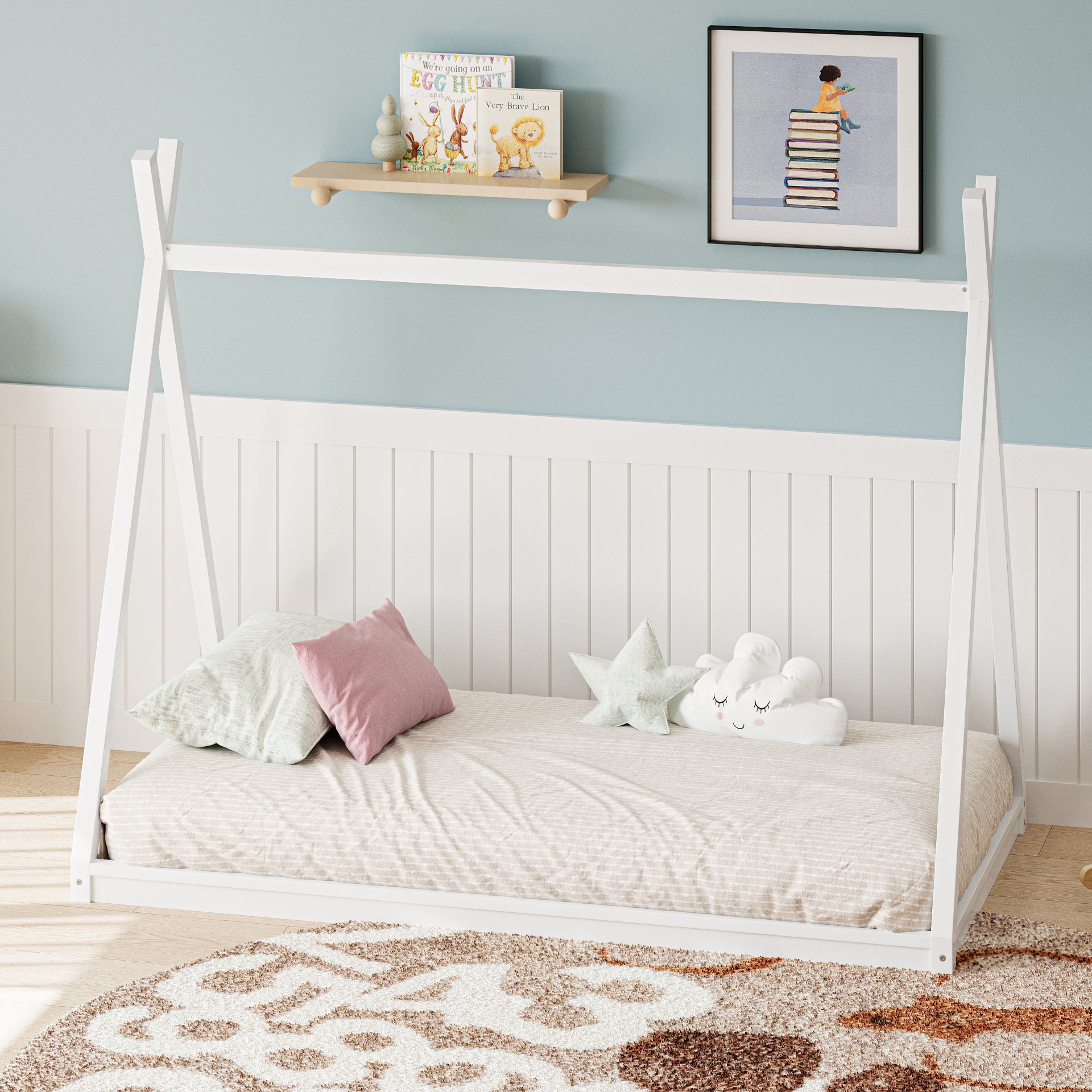 Wood Twin Size Tent Bed For Kids, Montessori Style Low - Floor Bed, House-Shape Tent Bed Frame For Boys Girls Teens, Without Slats - White - Image 4