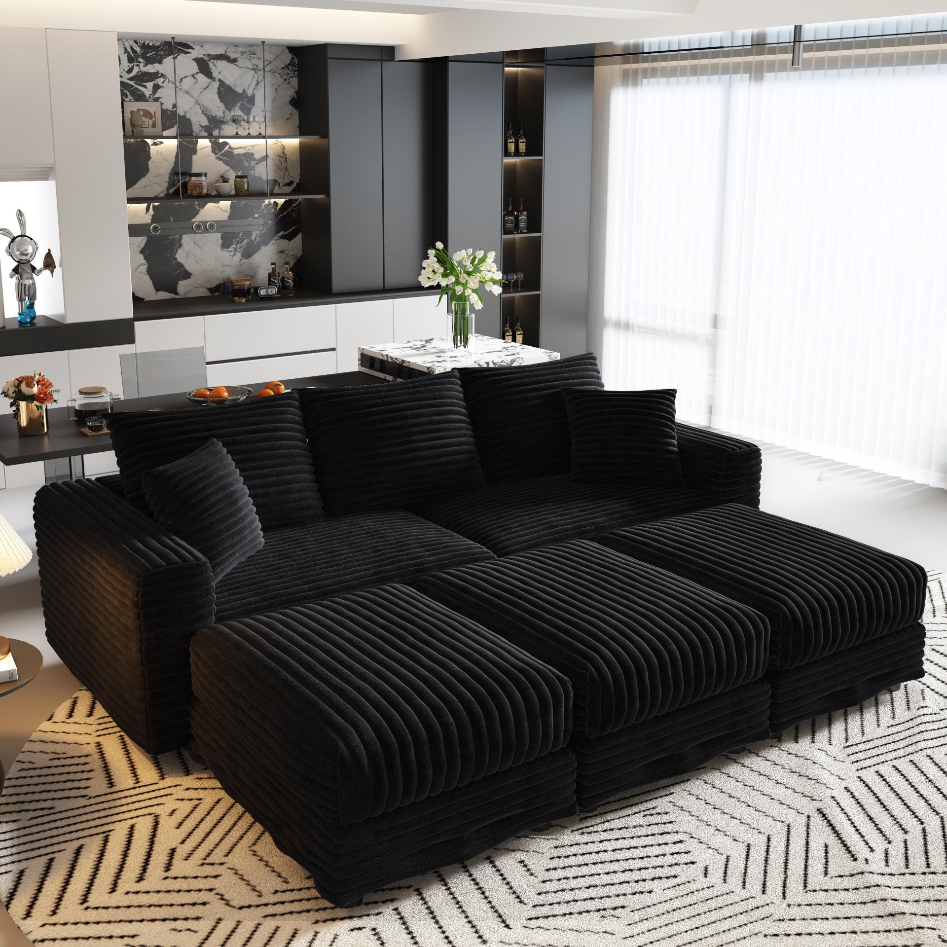3 Seat Sofa, Deep Seat Couches With Soft Pillows And 3 Ottomans, Convertible Sofa Lounge Chair, For Living Room - Black - Image 9