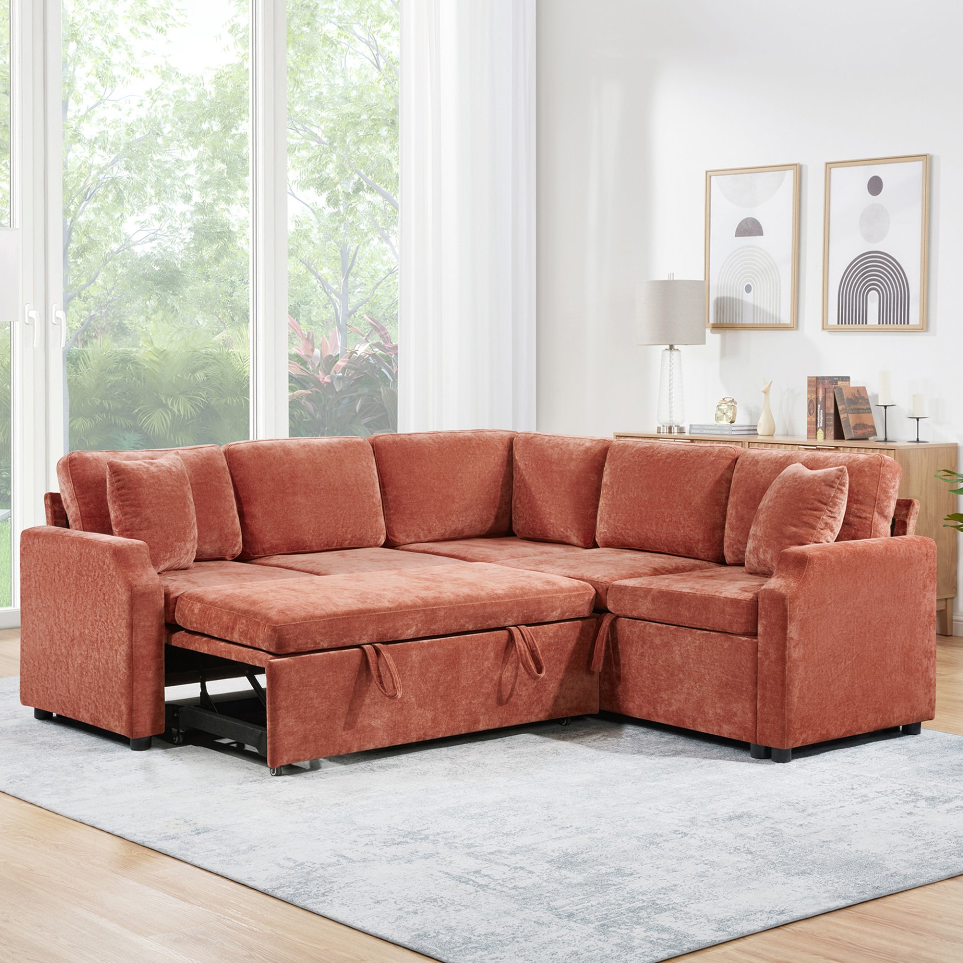 Upholstered L Shaped Sectional Sofa Bed With Sleeper And Hidden Storage - Orange - Image 2