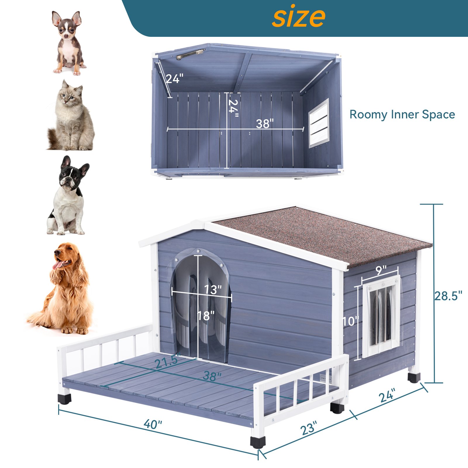 Large Wooden Dog House Indoor Outdoor With Terrace And Open Waterproof Asphalt Roof, Outdoor Dog House With Raised Floor, Windows And Door Curtains, Suitable For Small And Medium Dogs - Gray - Image 3