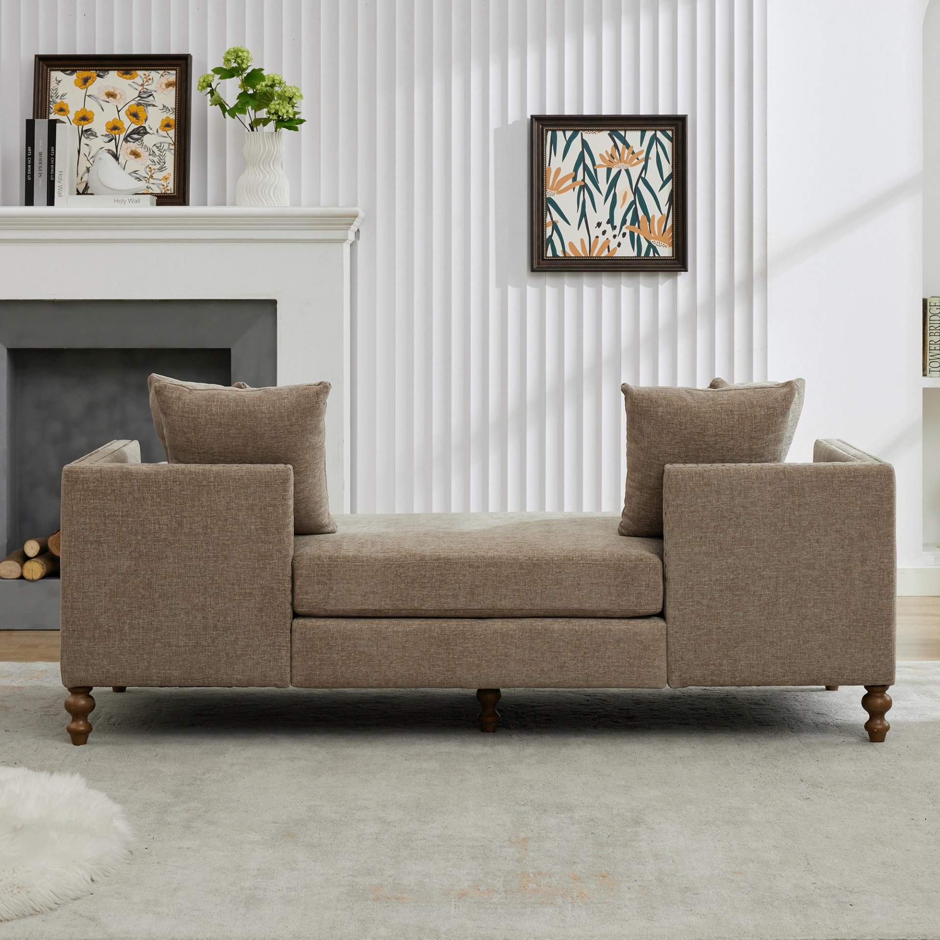 Upholstered Chaise Lounge Indoor With Nailheads, Sleeper Sofa Couch With 4 Throw Pillows & 2 Bolsters, Daybed With Rubberwood Legs - Taupe - Image 8