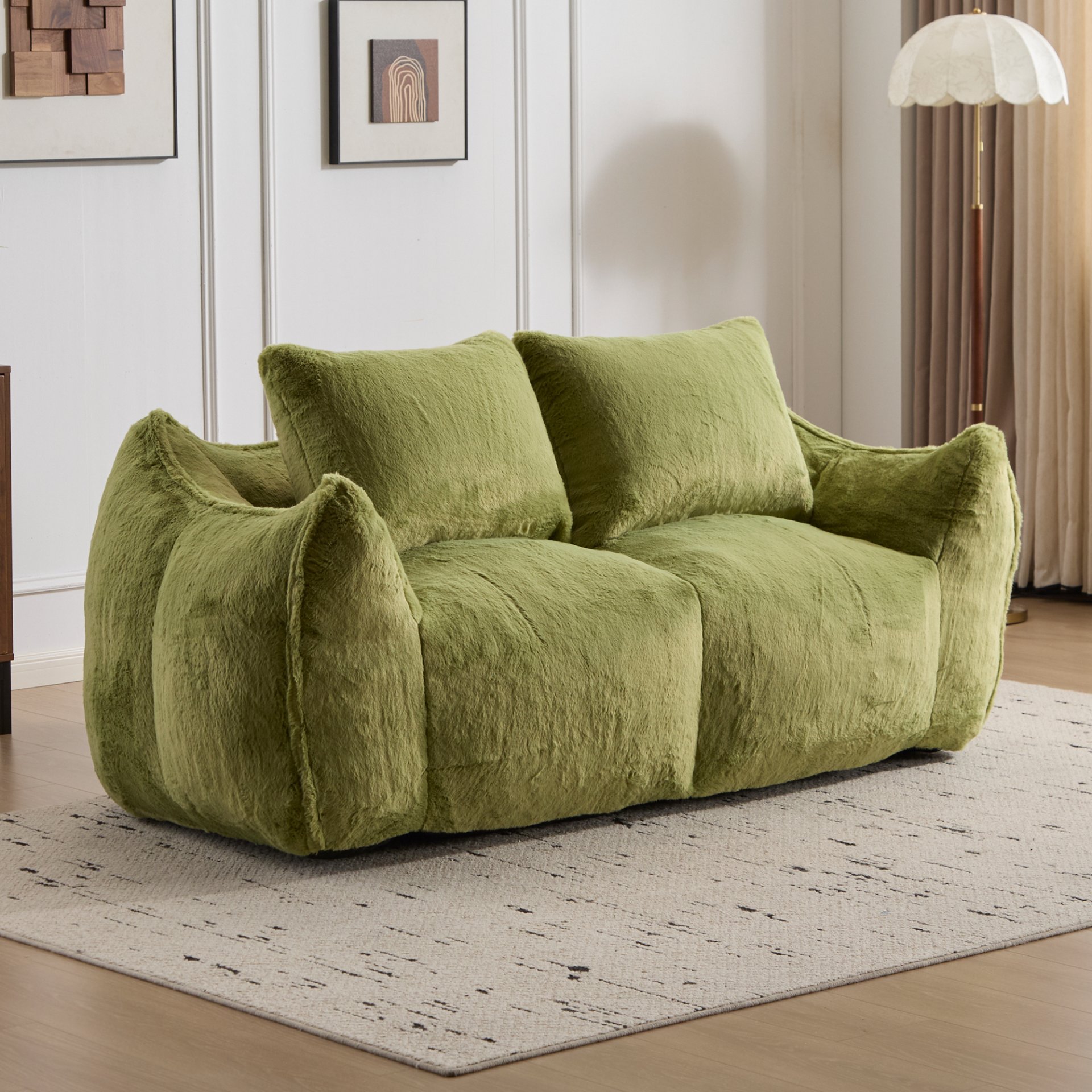 Giant Bean Bag Couch, Ultra Soft Fluffy Loveseat For Living Room Reading Chair With Pillows - Green - Image 2