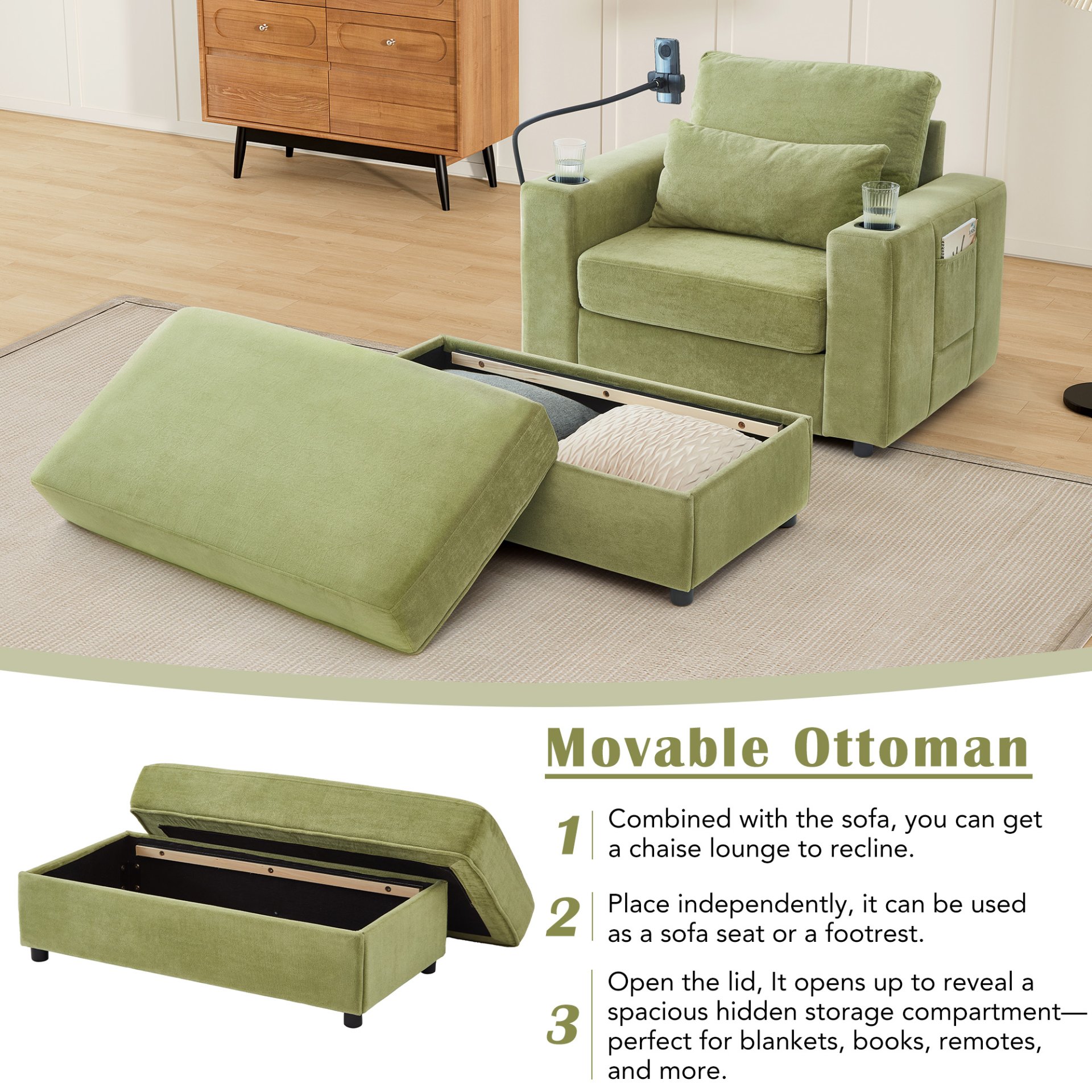Modern Style Armchair Chaise Lounge Sofa Couch With Movable Storage Ottoman, USB Ports, Cup Holders, Phone Holder, Side Pockets - Green - Image 5