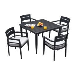 5 Piece Outdoor Patio Modern Dining Set, 4 Dining Chairs Sunbrella Fabric And Square Dining Table With Umbrella Hole - Ember Black