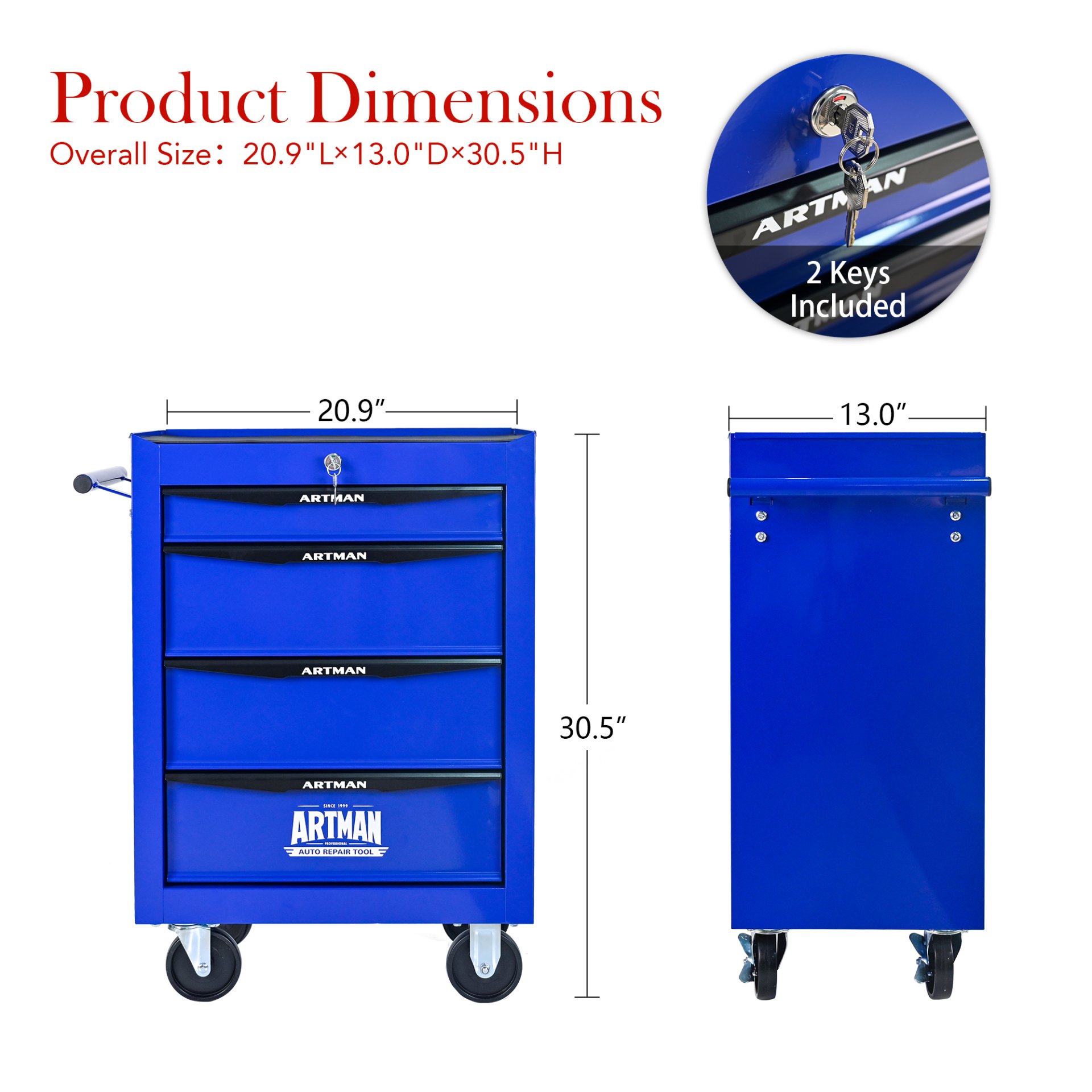 Rolling Metal Tool Chest With 4 Drawers, 20" Steel Storage Cabinet With Ball Bearing Slides - Black / Blue - Image 3