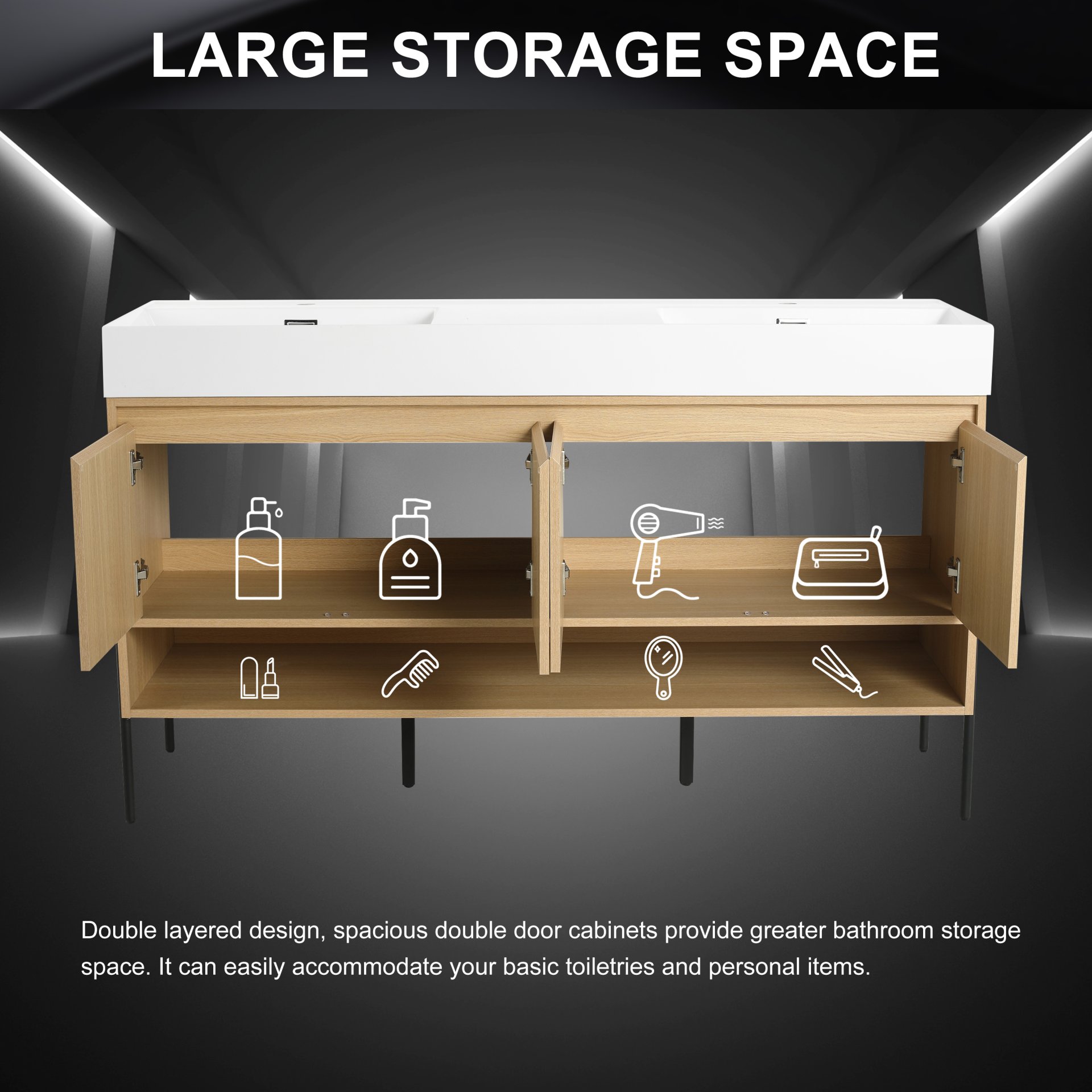 Modern 60" Bathroom Vanity Combo With Single Resin Sink And Storage Cabinet - Oak - Image 6