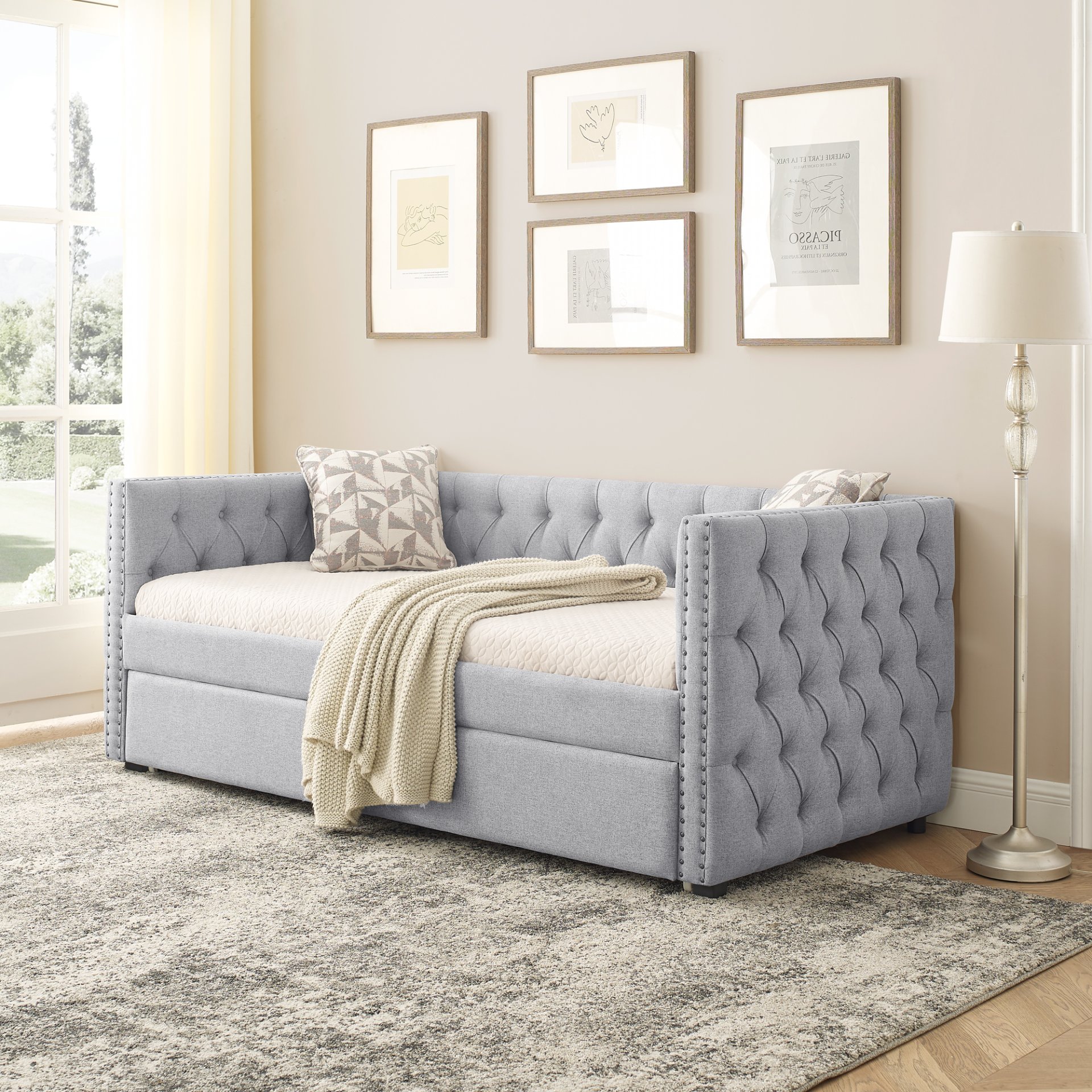 Mid Century Inspired Upholstered Twin Size Daybed With Trundle Button Tufted Linen - Gray - Image 4