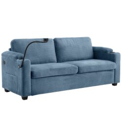 Corduroy Sleeper Sofa Loveseat Sofa With Full Size Mattress, 2 USB Ports, 2 Cup Holders, 2 Side Pockets And A Phone Holder For Living Room - Navy Blue