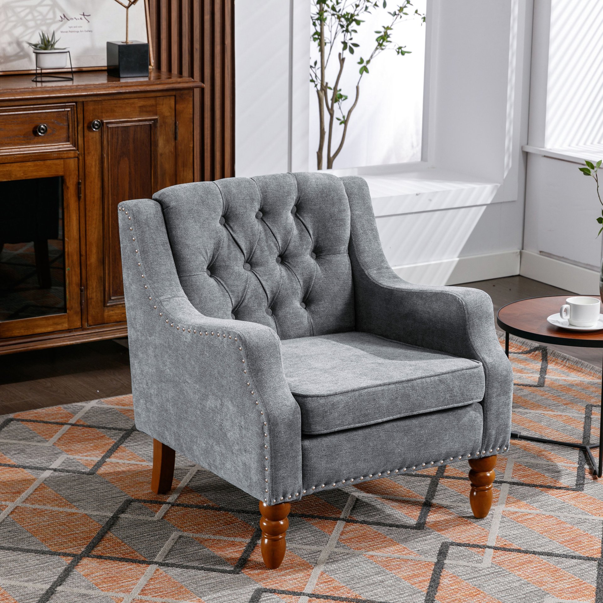 Accent Chair, Living Room Chair, Footrest Chair Set With Vintage Brass Studs, Button Tufted Upholstered Armchair For Living Room, Comfy Reading Chair For Bedroom, Reception Room - Gray - Image 4
