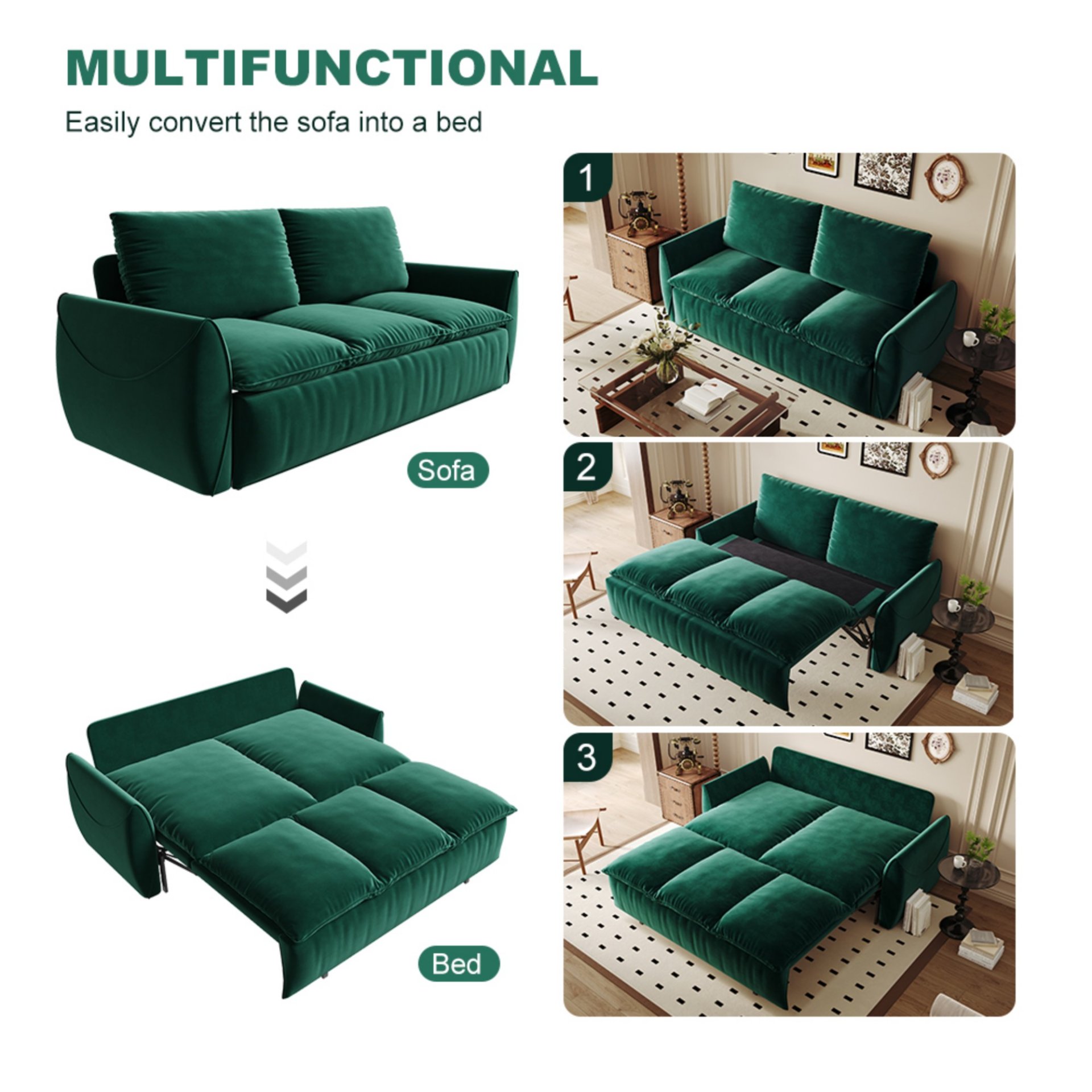 Pull Out Sofa Bed, 3 Seat Convertible Sleeper Sofa With 2 In 1 Pillow And Blanket Set Multifunctional Velvet Sofa Bed - Green - Image 12