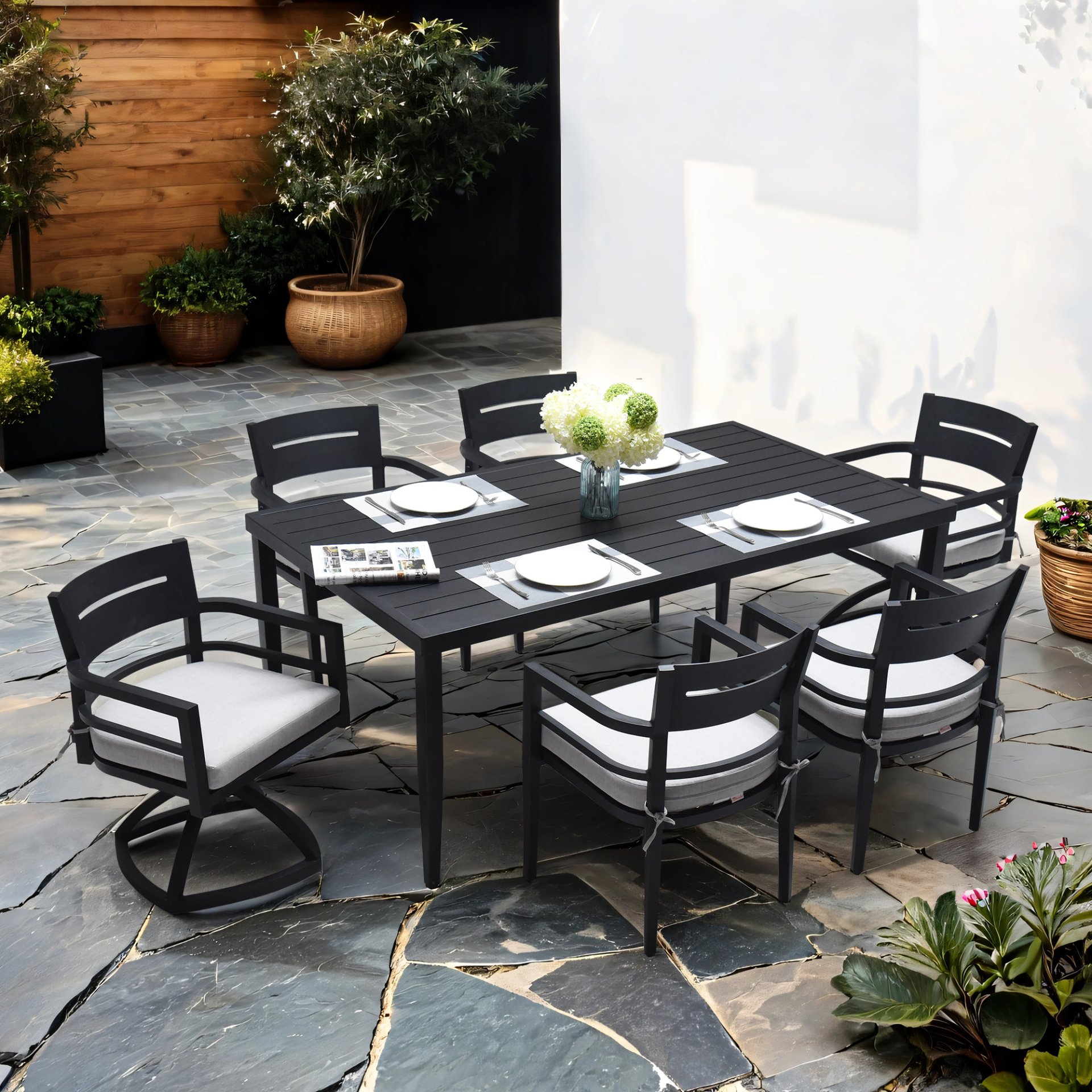 7 Piece Modern Outdoor Patio Dining Set Furniture, 4 Dining Chairs & 2 Swivel Rockers Sunbrella Fabric And Rectangle Dining Table With Umbrella Hole - Ember Black - Image 2