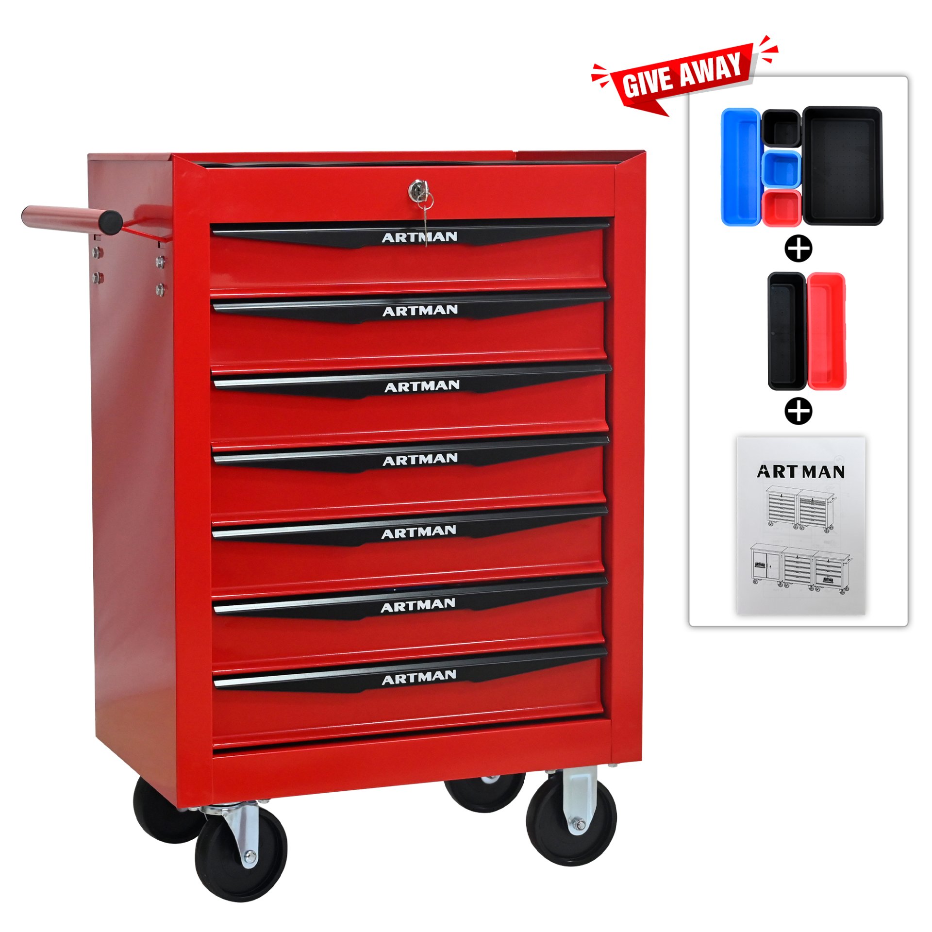 Rolling Metal Tool Chest With 7 Drawers, 20" Steel Storage Cabinet With Ball Bearing Slides - Red / Black - Image 5