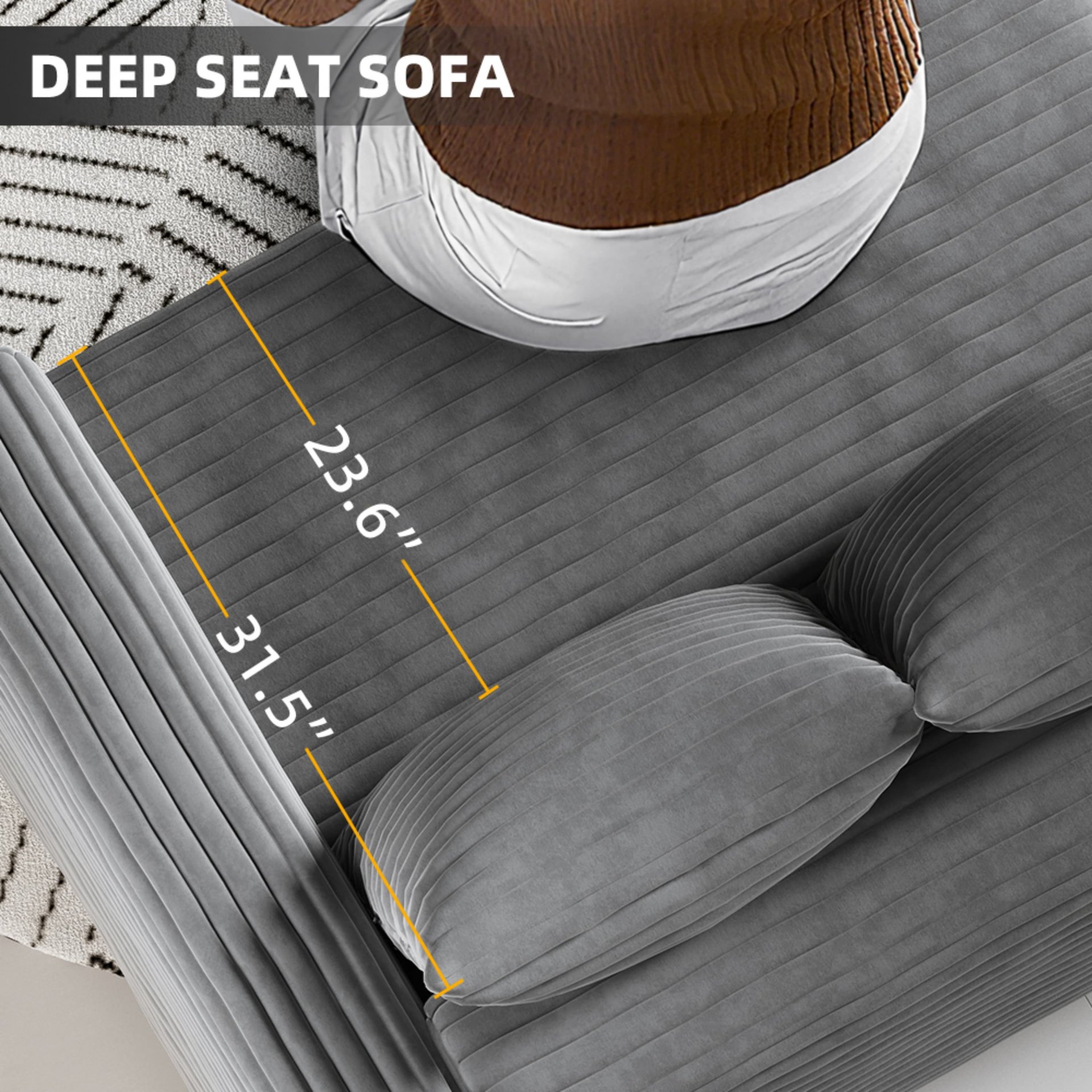 3 Seat Sofa, Convertible Deep Seat Sofa Lounge Chair For Living Room - Gray - Image 2
