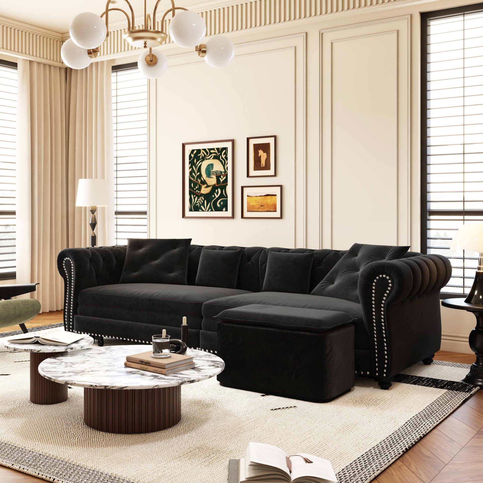 3 In 1 Pull Out Sofa Bed, King Size Sofa Bed, 3 Seater Sofa With Movable Ottoman, Tufted Design, Suitable For Living Rooms - Black - Image 7