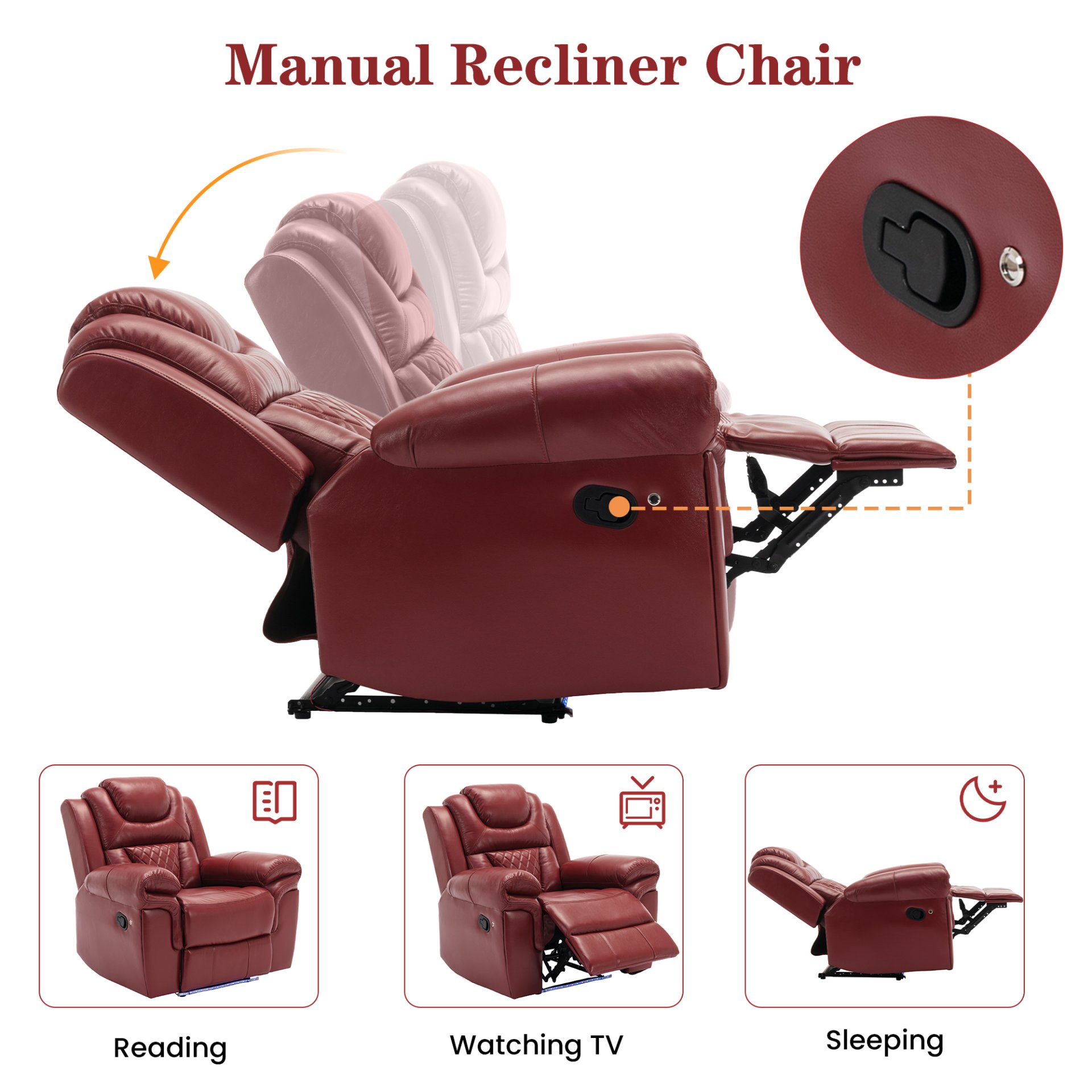 3 Pieces Recliner Sofa Sets Home Theater Seating Manual Recliner Chair With Center Console And Led Light Strip For Living Room - Wind Red - Image 6