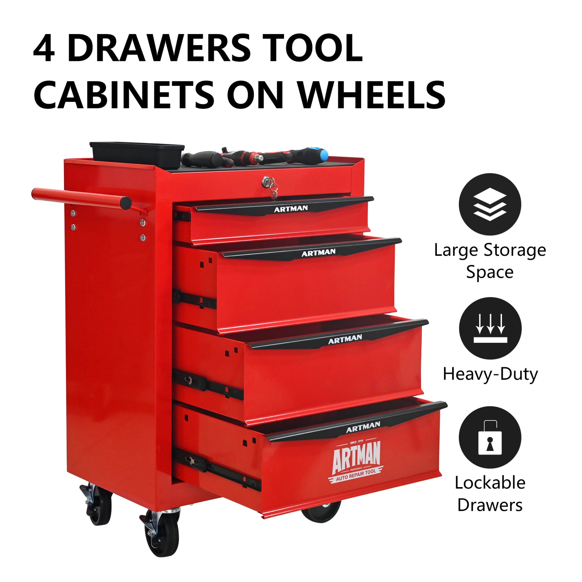 Rolling Metal Tool Chest With 4 Drawers, 20" Steel Storage Cabinet With Ball Bearing Slides - Red / Black - Image 4