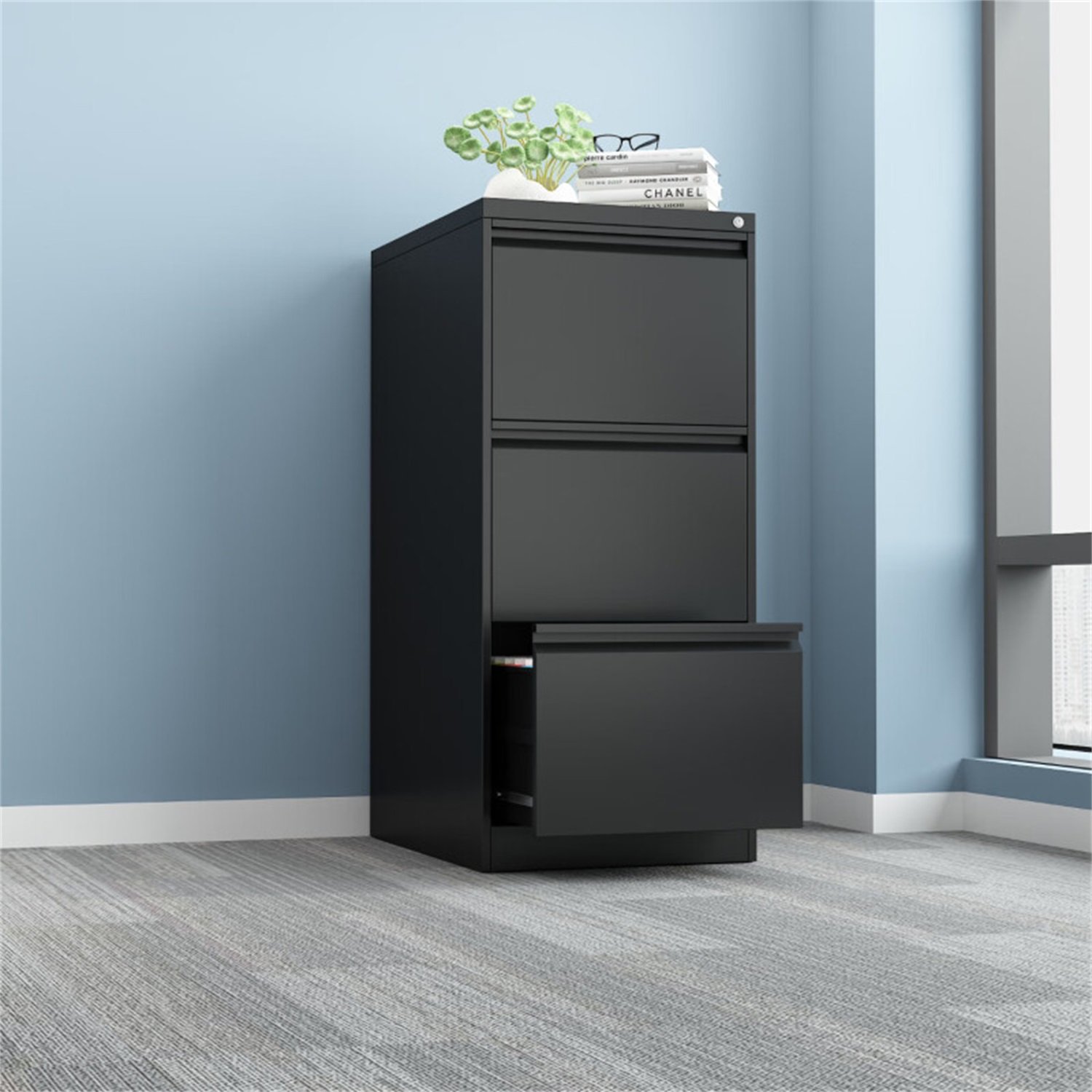 4 Drawer Vertical File Cabinet With Lock For Home Office Organizer Metal Filing Cabinet Letter / A4 / Legal Size - Black - Image 8