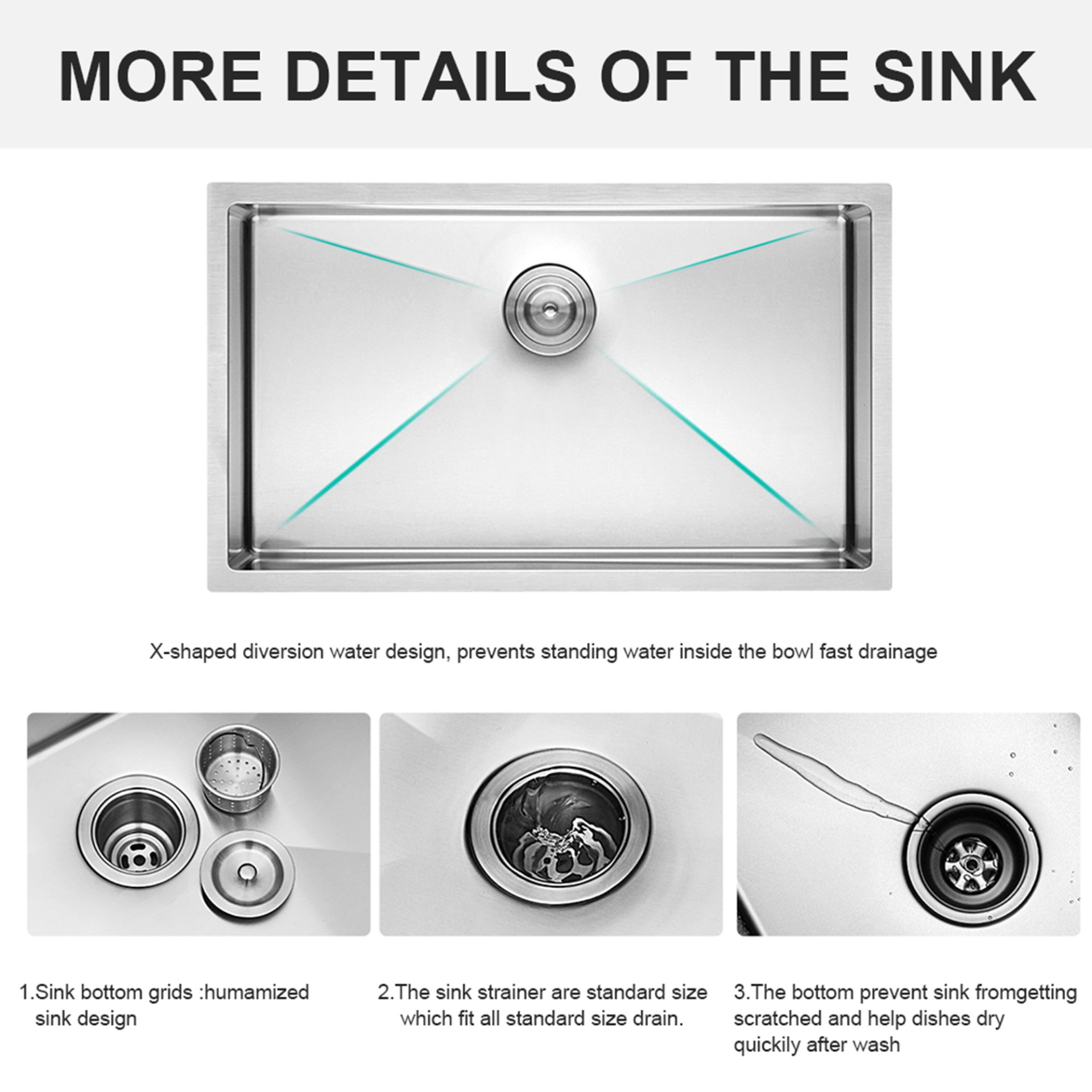 28" Undermount Kitchen Sink With, 10" Deep, Single Bowl, Rounded Corners - Brushed Nickel - Image 5