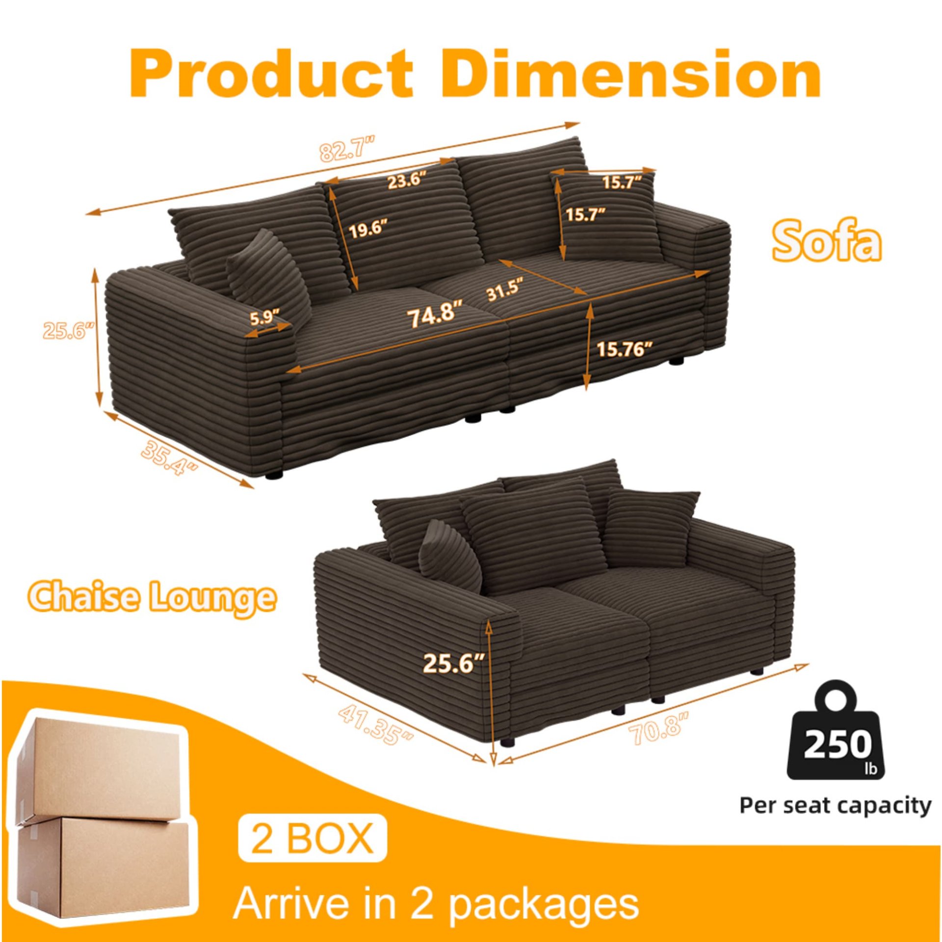 3 Seat Sofa, Deep Seat Couches With Soft Pillows And 1 Ottomans, Convertible Sofa Lounge Chair, For Living Room - Camel - Image 12