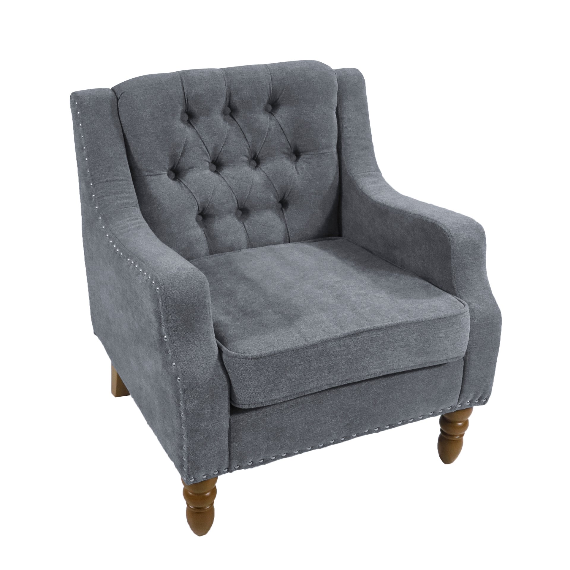Accent Chair, Living Room Chair, Footrest Chair Set With Vintage Brass Studs, Button Tufted Upholstered Armchair For Living Room, Comfy Reading Chair For Bedroom, Reception Room - Gray - Image 12