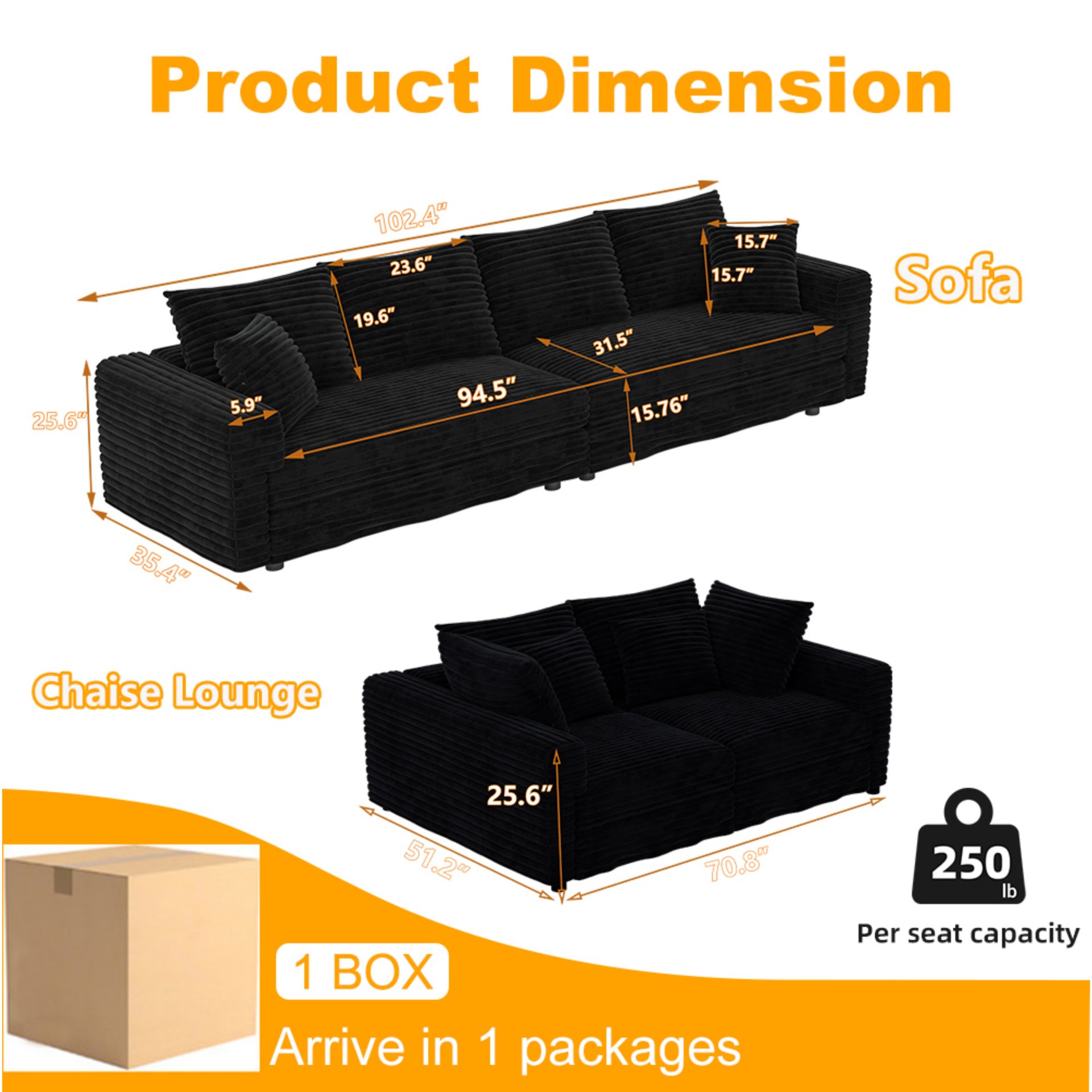 4 Seat Sofa, Deep Seat Couches With Soft Pillows And 3 Ottomans, Convertible Sofa Lounge Chair, For Living Room - Black - Image 2