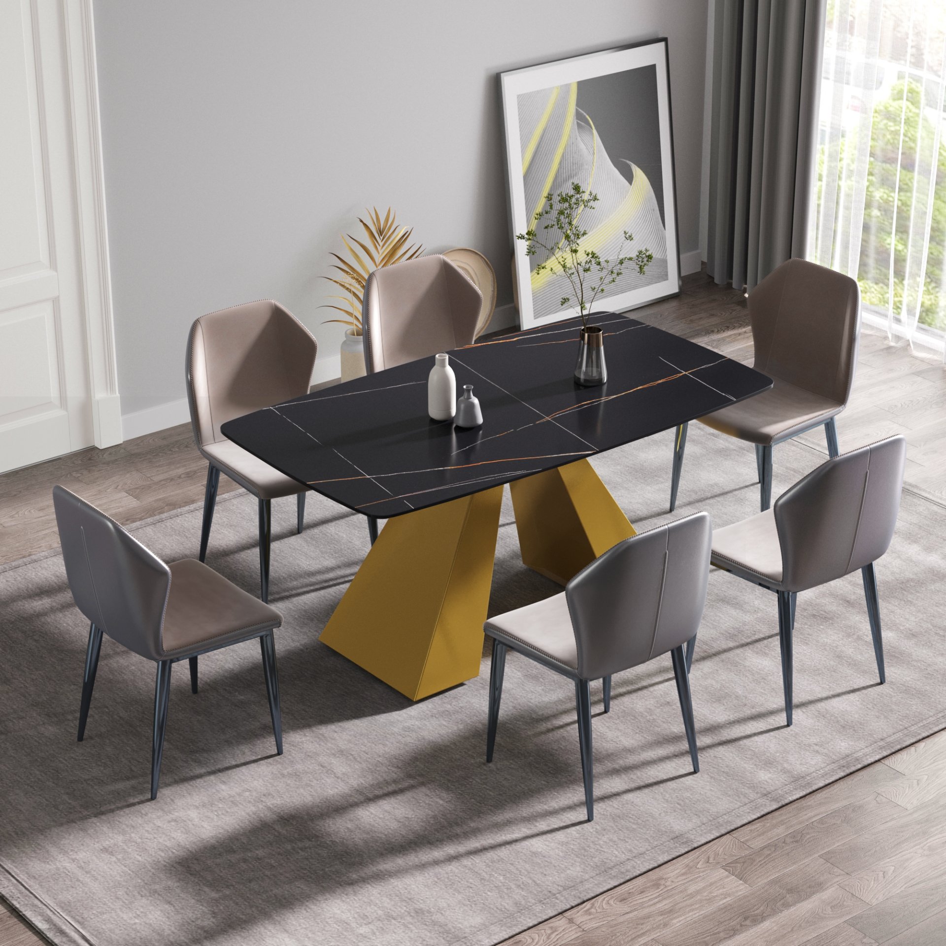 63" Artificial Stone Black Curved Golden Metal Leg Dining Table, 6 People - Black / Gold - Image 2