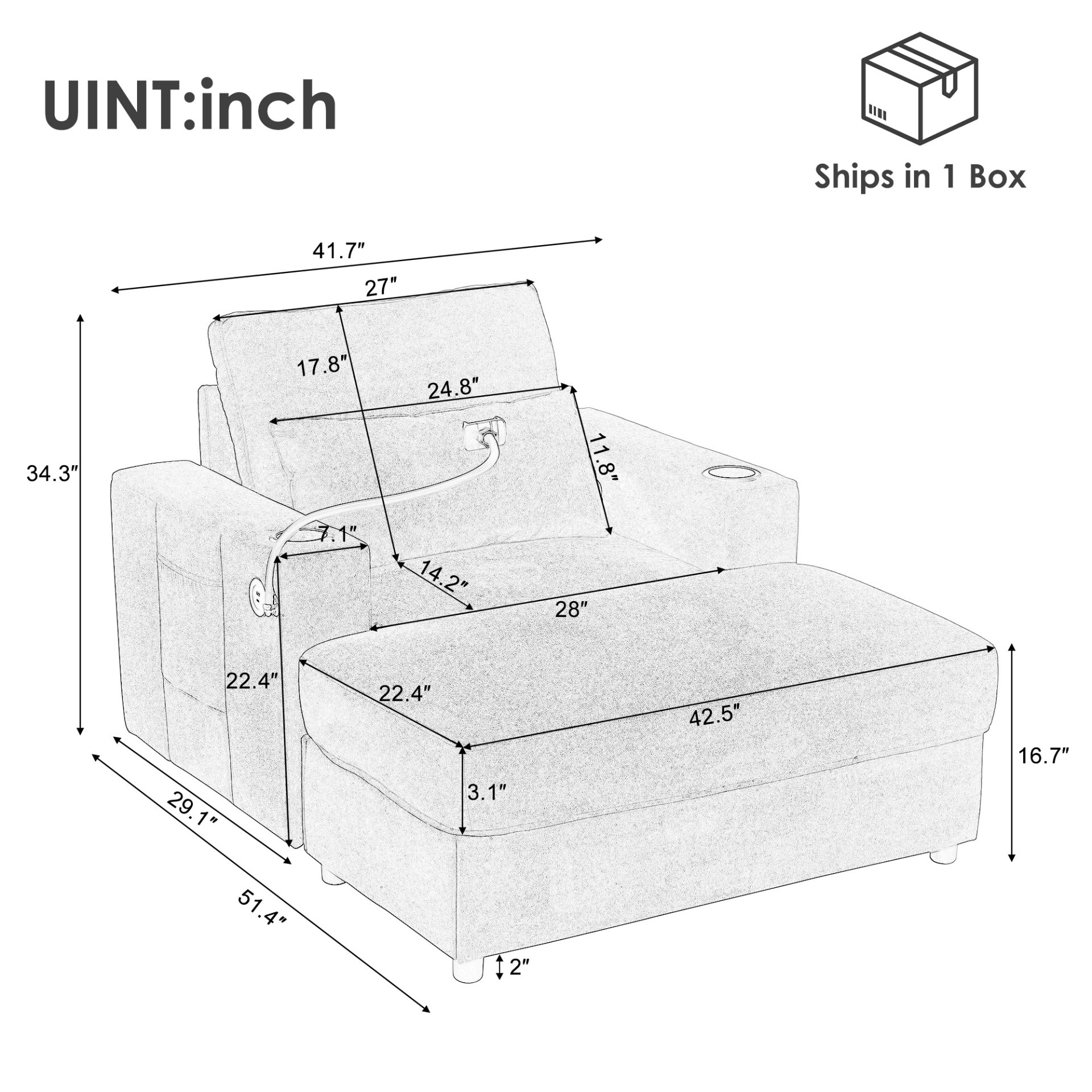 Modern Style Armchair Chaise Lounge Sofa Couch With Movable Storage Ottoman, USB Ports, Cup Holders, Phone Holder Chenille - Beige - Image 2