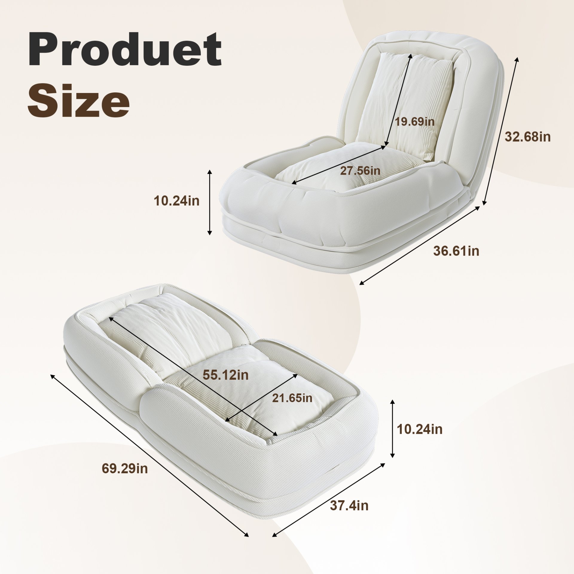 Human Dog Bed, Foldable Lazy Sofa Bed With 5 Adjustable Positions - Off White - Image 3